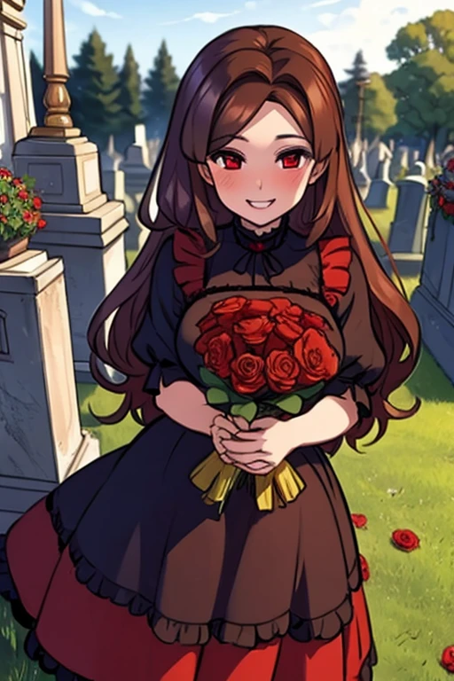 perfect face. Perfect hands. A brown haired woman with red eyes and an hourglass figure wearing a Gothic Lolita dress is holding a bouquet of red roses in the cemetery with a big smile