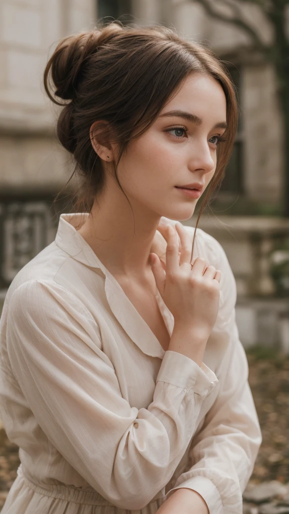 a woman. 25 years old. Europe. Oval face. delicate facial features. long face. gentle eyes. long hair. messy hair. bun. happy. shy. look directly. outdoor