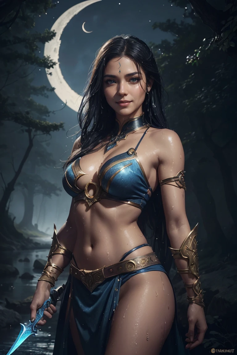 ((Yasmin, semi-naked woman dressed with a warrior's mask and blue nordic warrior's clothes, holding a dagger, smiling, wet clothes, in a cavern, eyes and body facing the camera )) hair with many details, 8k artgerm bokeh, fanart best artstation, render photorealistic, guweiz-style art, inspired by WLOP, ig model | artgerm, detailed waist up portrait, stunning wait up portrait of realistic face, beautiful waist up portrait, deviantart artstation cgscosiety, cinematic realistic portrait, high quality portrait, elegant digital painting, photorealistic artstyle, ((night sky in the woods with crescent moon background))