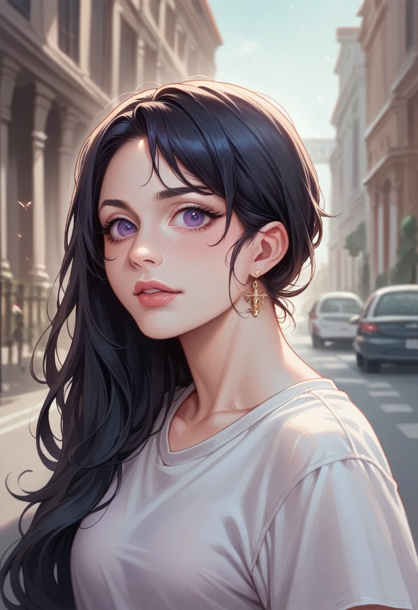 beautiful innocent angelic age boy is in love with realistic black hair and violet eyes in real life in Venice, Italy