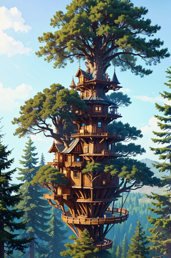 a magical forest full of giant trees where on top of them there are structures and constructions (tree houses) made of wood and stone