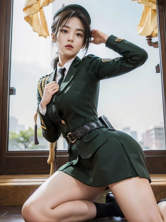 Typically detailed CG Unity 8K wallpaper，（masterpiece），（Best quality），（Extremely detailed），（Hyper-photorealism），（Best Character Detail：1.36），Nikon D750 Camera / 1.4 55 mm，profesional light， Physically Based Rendering, 1 Girl, Female Soldiers，military uniform，深绿色military uniform，织物纹理military uniform，Pure white lining，Dark green tie，Army green skirt，Military cap，Bare legs，Plump legs，White Socks，No shoes，Black Hair，Golden Ratio,[:(A detailed face:1.2):0.2]:，Pure face_v1, Broad shoulders,(Maximum chest:1.5),(Big Ass:1.5),In the Square，，Dazzling sun，RAW photos，front Photo， Look directly at the audience，Night Street，light，Backlight，A bright smile，White Teeth，