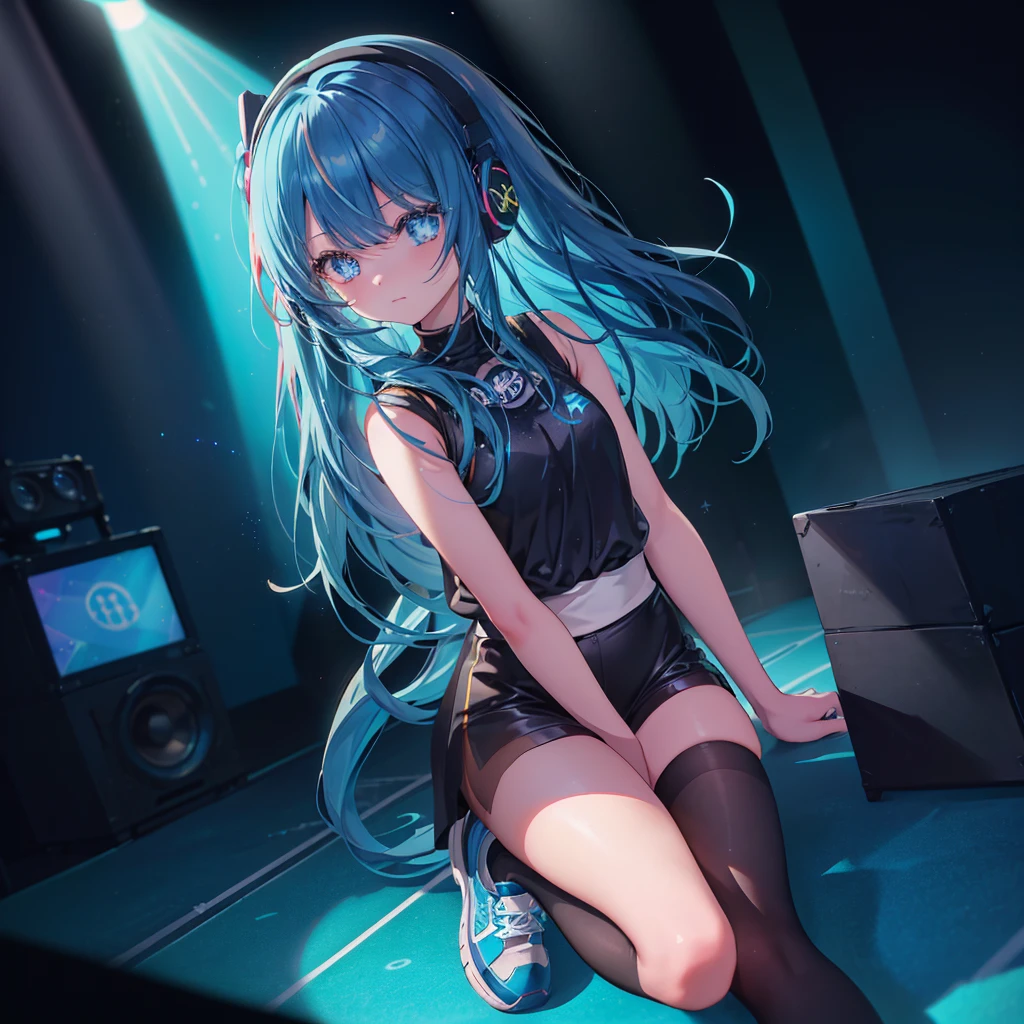 (((((胸の前でShine星を持つ)))))　((((Center of the stage、Spotlight、Blue light　front　Close-up))))　(((Neon blue hair、Long Hair　Neon blue eyes、Shine　Cat ear　Headphones　Black and blue sneakers)))　((ports bra、black　Long tights and short socks、Asymmetric))　(Galaxy Background　Left and right speakers)　Shine紫色の背景　Particles of light, Shineエッジ　Low - Angle