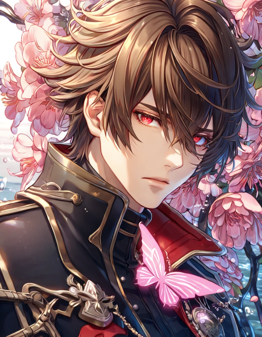 absurdres, highres, ultra detailed, HDR, master piece, best quality, extremely detailed face, delicated features, Vincent Rain, brown hair, messy hair, short hair, hair that has bangs hanging on the left side, hair between the eyes, expressive red eyes, God Eater 2, solo, sexy man, handsome, black coat, with silver accents, black tight shirt, water, blossoms, pink flowers, pink butterflies, fantasy, magic, radiant