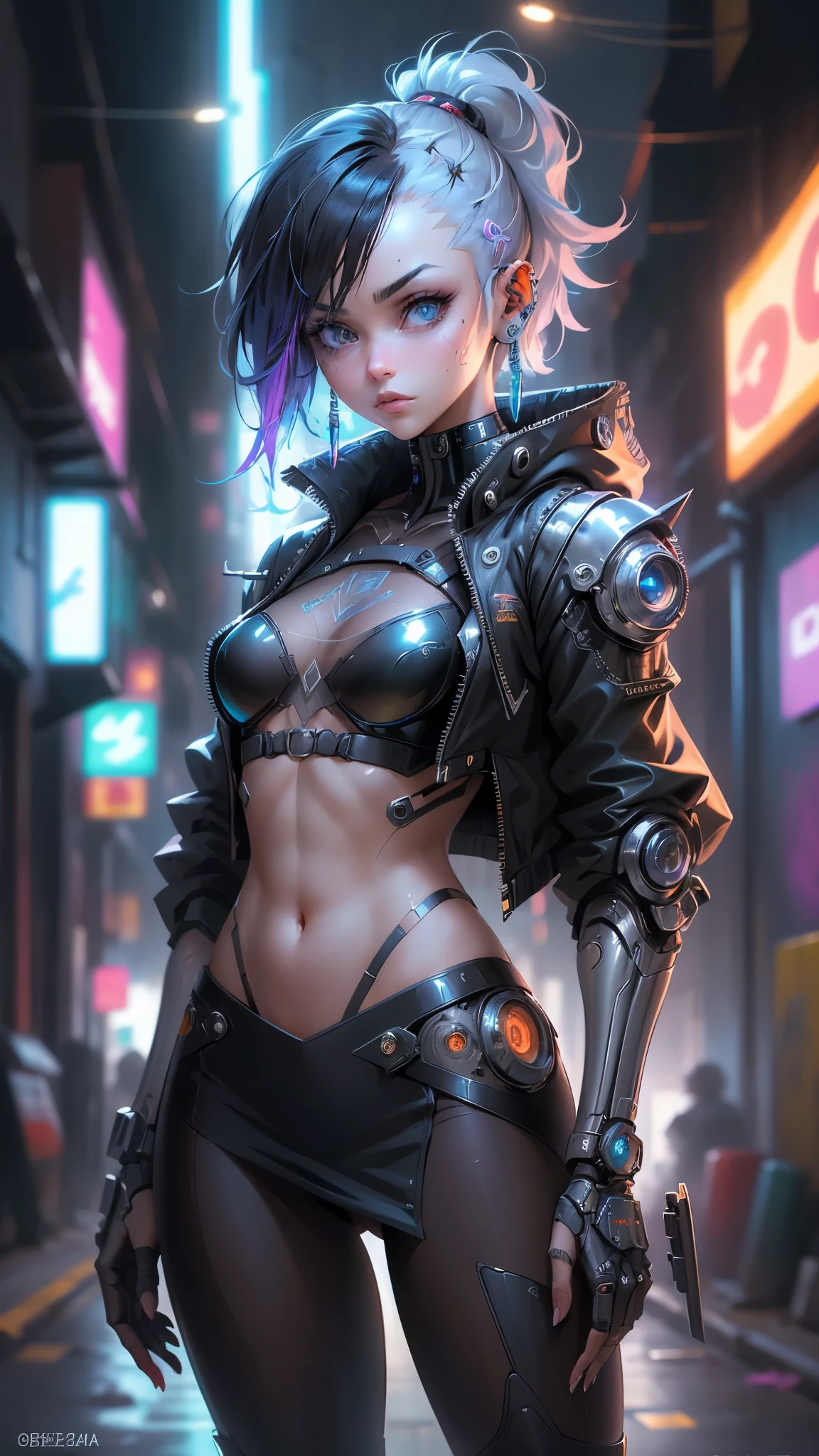 unreal engine:1.4,UHD,The best quality:1.4, fotorrealist:1.4, skin texture:1.4, masterpiece:1.8,(masterpiece, The best quality, 1girl, only, intricate details, chromatic abberation), realist, ((medium breathment)), Long black hair with fringes, blue reflections,cyberpunk lingerie network,pantyhose,orange miniskirt, blue light background Hair over one eye, blue eyes, earrings, sharp eyes, ciborg robot, neon shirt,white Open jacket, (symmetry eyes),(perfect symmetrical body),ciborg:1.4,CG, Night bokeh lights, Graffiti, dim lighting, street alley ,franco,,beautiful fine hands,wallpaper,Nikon 85mm,dynamicposes, realist:1.5,fine details,Octane rendering,RAW photo:1.2,realism:1.4,fi fantasy art,CG:1.4, epic fantasy art style hd, 4K fantasy art, epic fantasy digital art style, epic fantasy art style, Fantasy Woman, epic fantasy art portrait, Epic fantasy style, hyperrealistic fantasy art, hd fantasy art, epic fantasy character art, epic fantasy art, in style of dark fantasy art, epic fantasy digital art,( face detailed :1.4),( iluminación cinematográfica :1.4), (anatomía perfecta :1.4), (cyborg blanket plastic transparent mecánica :1.4), (cyborg plastic transparent circuito :1.4), (Selena Gómez :1.4), (Selena Gómez :V2.1), (cyberpunk cyborg :1.4),( ojos hermosos detailed perfecto :1.4)