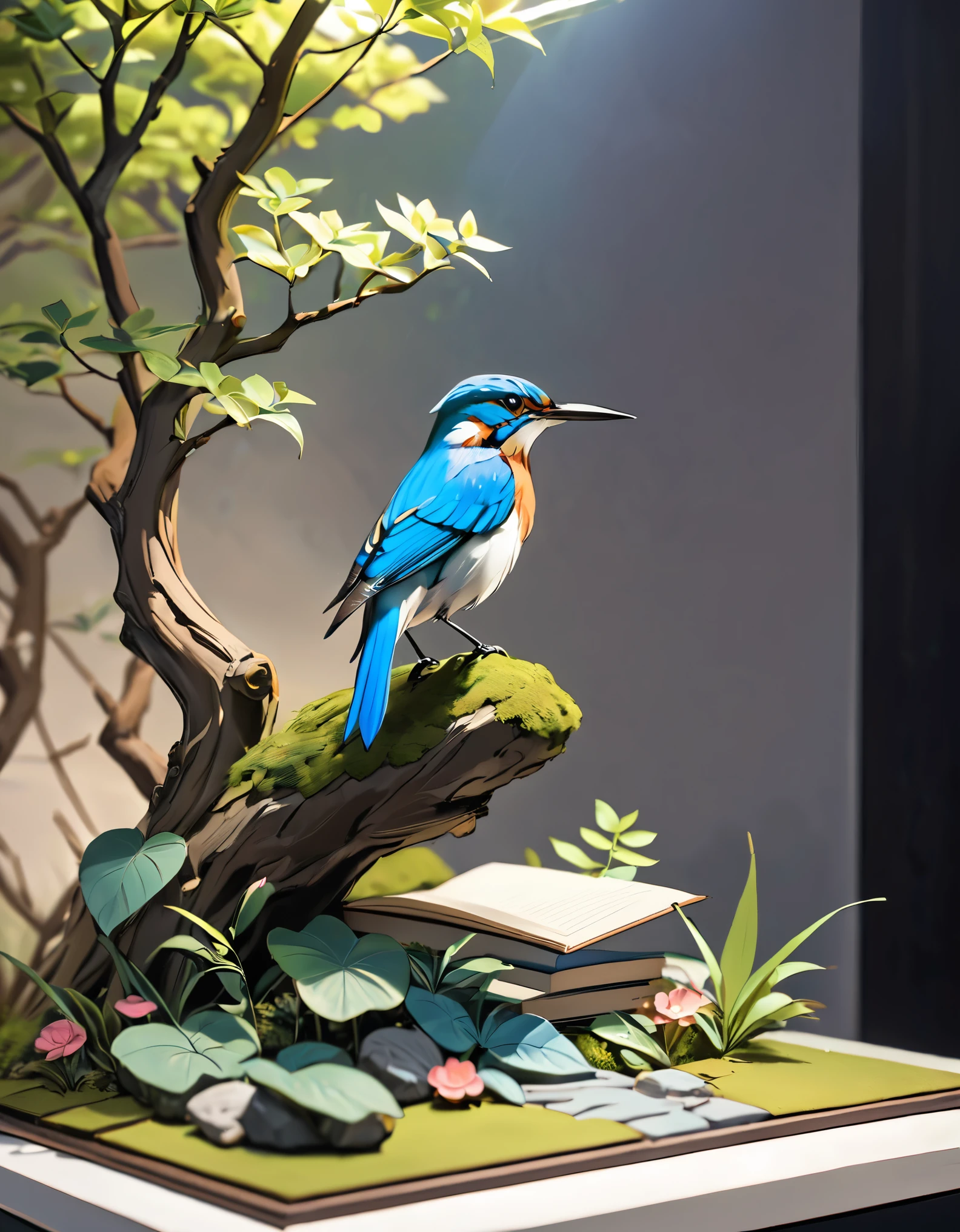 (masterpiece:1.2, Highest quality,Highest quality,Super detailed),(Very detailed),8k(A pop-up book with a kingfisher perched on a tree branch:1.5),(Cinema Lighting),(Written boundary depth),(Sophisticated lighting:1.2),(Chiaroscuro),(Origami art)