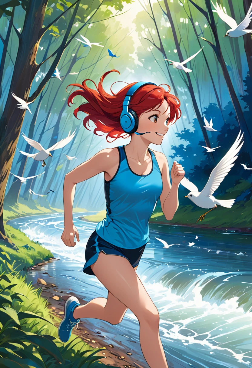 a young athletic woman with red hair running in profile,( a little far from the camera ), with smile on face, with headphones through an enchanted blue forest where birds fly by the riverbank 