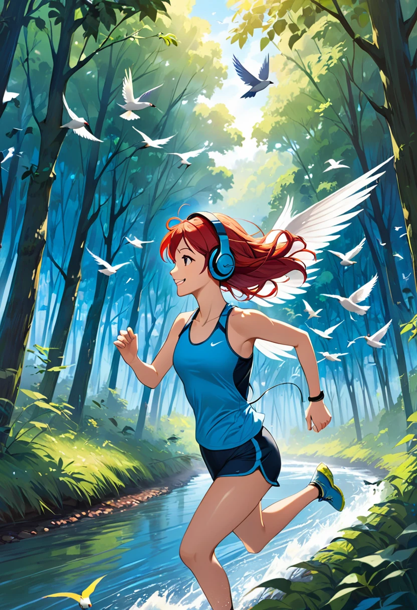 a young athletic woman with red hair running in profile,( a little far from the camera ), with smile on face, with headphones through an enchanted blue forest where birds fly by the riverbank