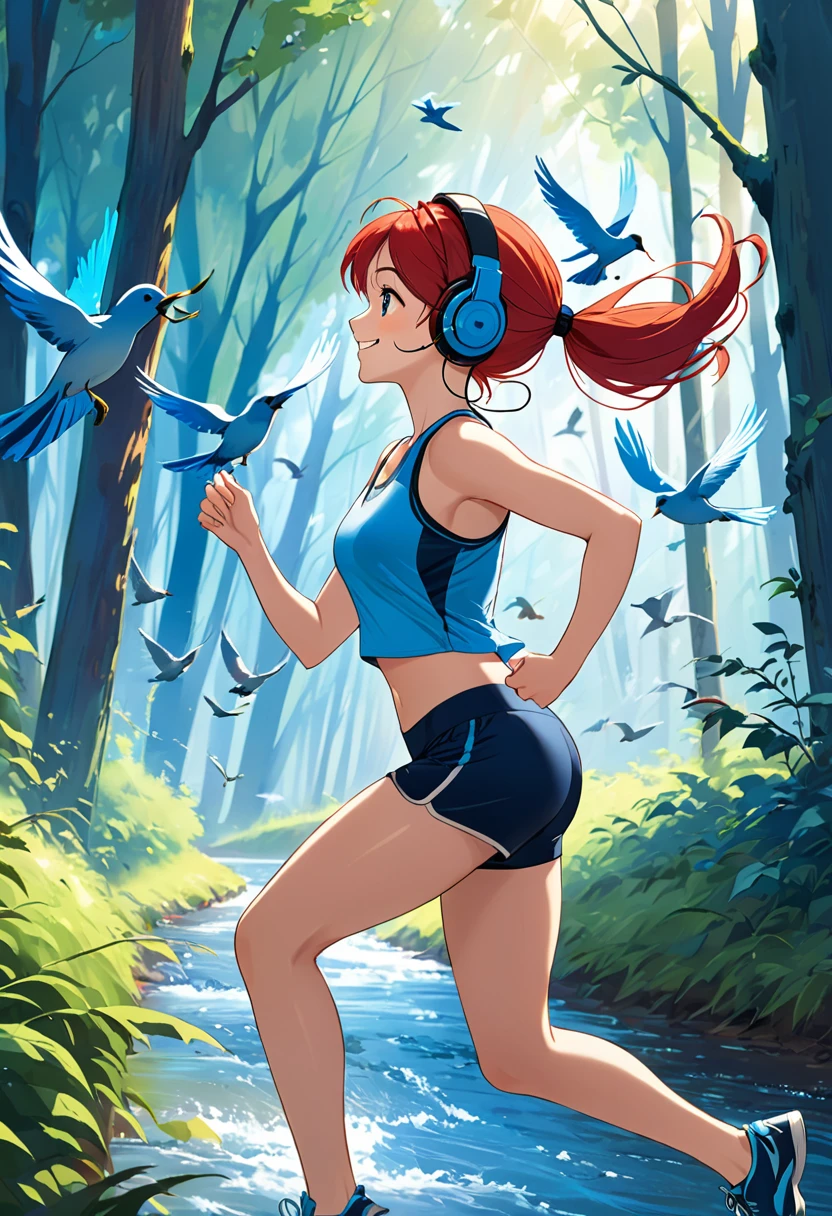 a young athletic woman with red hair running in profile,( a little far from the camera ), with smile on face, with headphones through an enchanted blue forest where birds fly by the riverbank