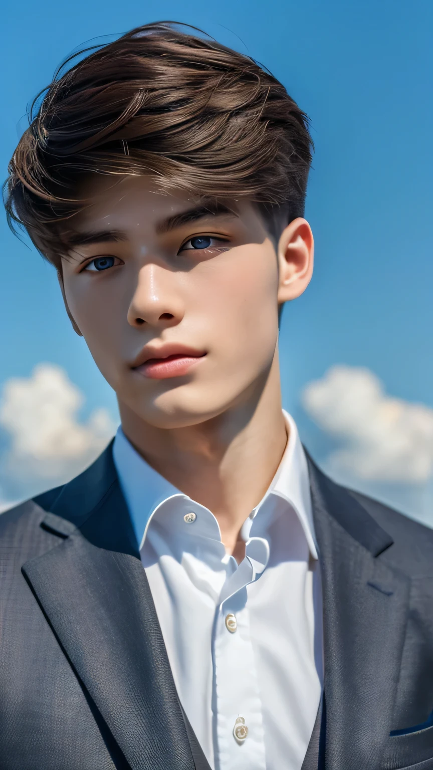 Highest quality, masterpiece, Ultra-high resolution, (Realistic: 1.4), Original photo, wallpaper, Head Photo, skin, Simple Background, Iris, detailed, Selfie, 1 boy, 18-year-old, good looking, Wind,suit