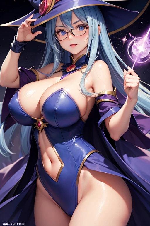 magazine cover, Dark Magician Girl casting a spell, big breasts, glasses