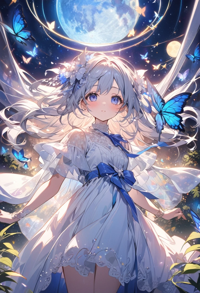 Attention to detail, Super Detail, Ultra-high resolution, A girl having a good time in a dream galaxy, Full moon behind the girl, The color of the moon is light blue,The warm light that shines on her, In the background is a forest with a starry sky with colorful galaxies and galactic clouds, Colorful butterflies flutter around her, Delicate face, Add a fantastical atmosphere ,