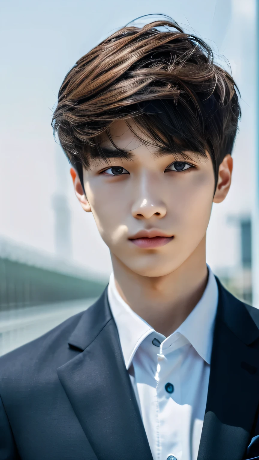 Highest quality, masterpiece, Ultra-high resolution, (Realistic: 1.4), Original photo, wallpaper, Head Photo, skin, Simple Background, Iris, detailed, Selfie, 1 boy, 18-year-old, good looking, Wind,suit