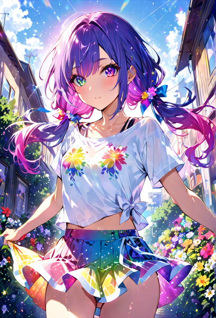 Highest quality masterpiece High resolution masterpiece Colorful Hair Colorful eyes Low twin tails、Colorful casual summer outfitini skirt、flowerpunk、Sparkling light particles、Vivid gradient effect one girl,