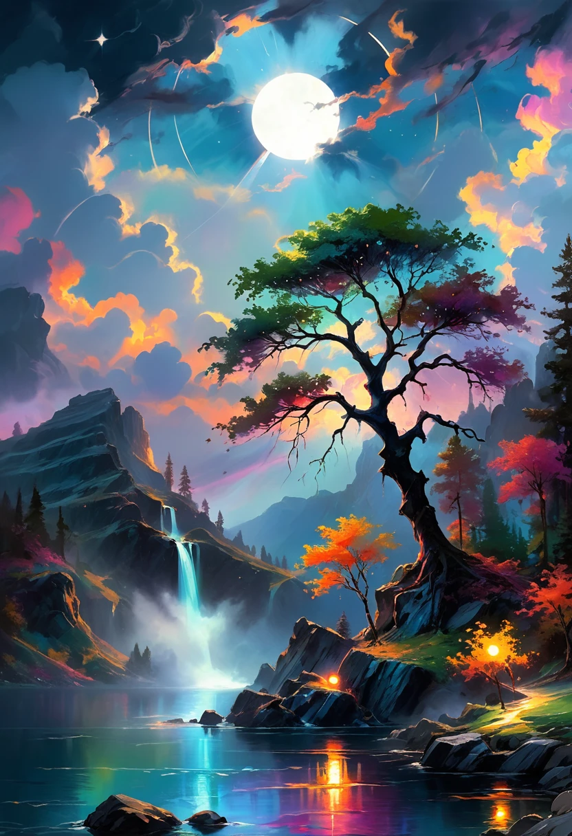 Under the eerie glow of a eclipse, a dark and ominous landscape unfolds. A vibrant, colorful tree stands by the edge of a serene lake, its vivid hues contrasting starkly with the foreboding atmosphere. In the background, a waterfall cascades down jagged rocks, the water glistening in the eclipse. Thick, swirling clouds loom overhead, adding to the sense of an evil presence. The eclipse filters through the clouds, casting an otherworldly glow over the scene. A falling star streaks across the sky, adding a touch of mysticism to the night. The air is thick with a sense of ancient secrets and dark magic, as if the very night is alive with hidden power. [romantic impressionism,dream scenery art,beautiful oil matte painting,romantic,style of thomas kinkade,beautiful digital painting,anime landscape,romantic painting,dreamlike digital painting,colorful painting,beautiful gorgeous digital art,style of greg rutkowski,janek sedlar,jenny saville:0]