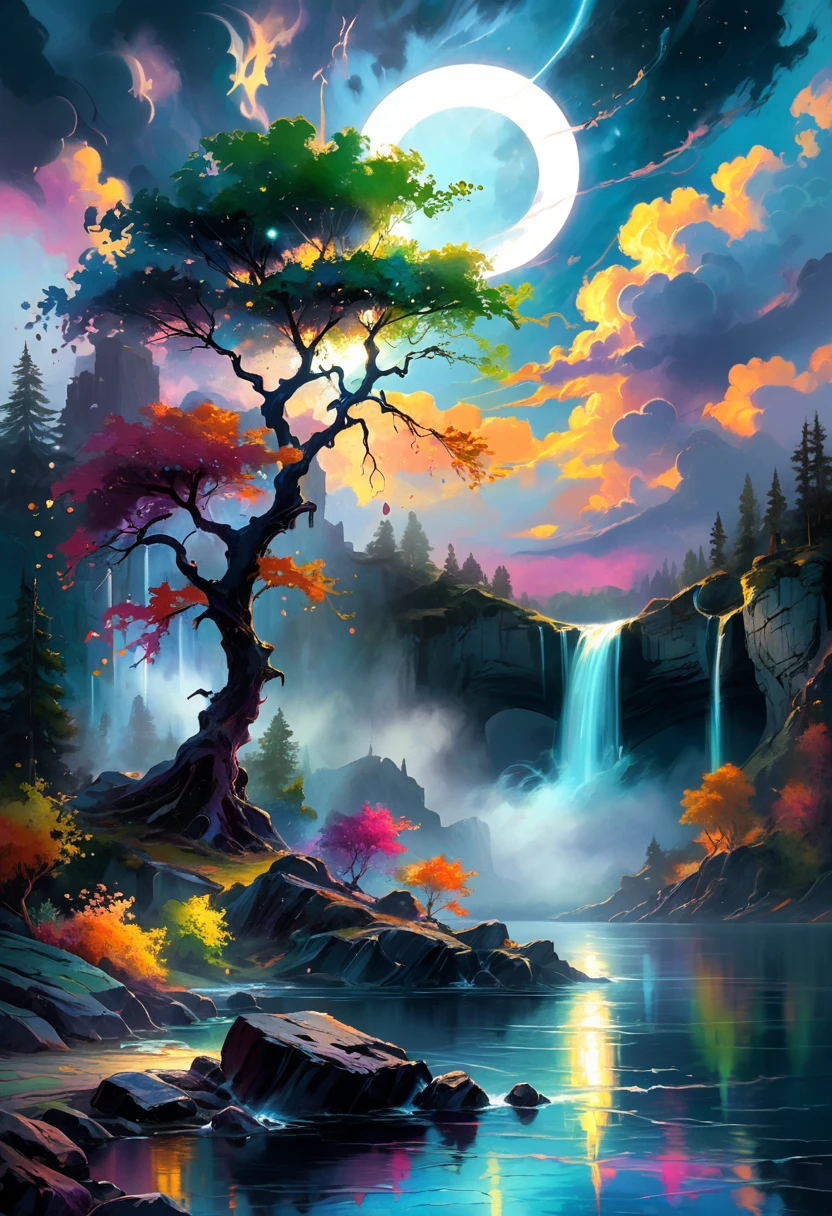 Under the eerie glow of a eclipse, a dark and ominous landscape unfolds. A vibrant, colorful tree stands by the edge of a serene lake, its vivid hues contrasting starkly with the foreboding atmosphere. In the background, a waterfall cascades down jagged rocks, the water glistening in the eclipse. Thick, swirling clouds loom overhead, adding to the sense of an evil presence. The eclipse filters through the clouds, casting an otherworldly glow over the scene. A falling star streaks across the sky, adding a touch of mysticism to the night. The air is thick with a sense of ancient secrets and dark magic, as if the very night is alive with hidden power. [romantic impressionism,dream scenery art,beautiful oil matte painting,romantic,style of thomas kinkade,beautiful digital painting,anime landscape,romantic painting,dreamlike digital painting,colorful painting,beautiful gorgeous digital art,style of greg rutkowski,janek sedlar,jenny saville:0]