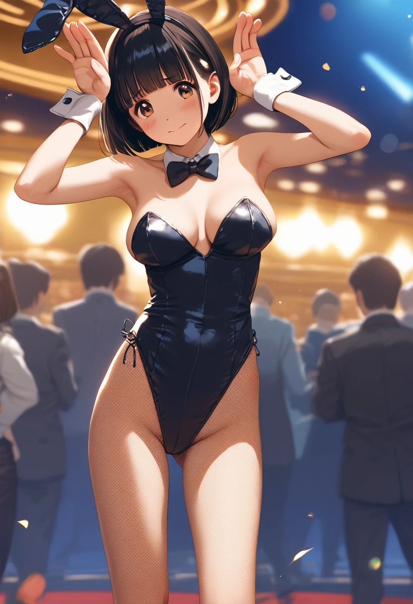 score_9,score_8_up,score_7_up,masterpiece,best quality, source anime, realistic, super detailed, extreme detailed, rating_safe,
1girl, standing, rabbit pose, 
BREAK girl, 22yo, short hair, bob cut, (blunt bangs), black hair, (tareme, detailed cute brown eyes), curled eyelashes, (large breasts:0.9),
shiny hair, beautiful detailed eyes, beautiful face,
slender, small ass, slim legs,
Playboy bunny, leotard, fishnet tights, bowtie, wrist cuffs, 
embarrassed, blush, frown, smile,
casino, fantastic, hustle and bustle