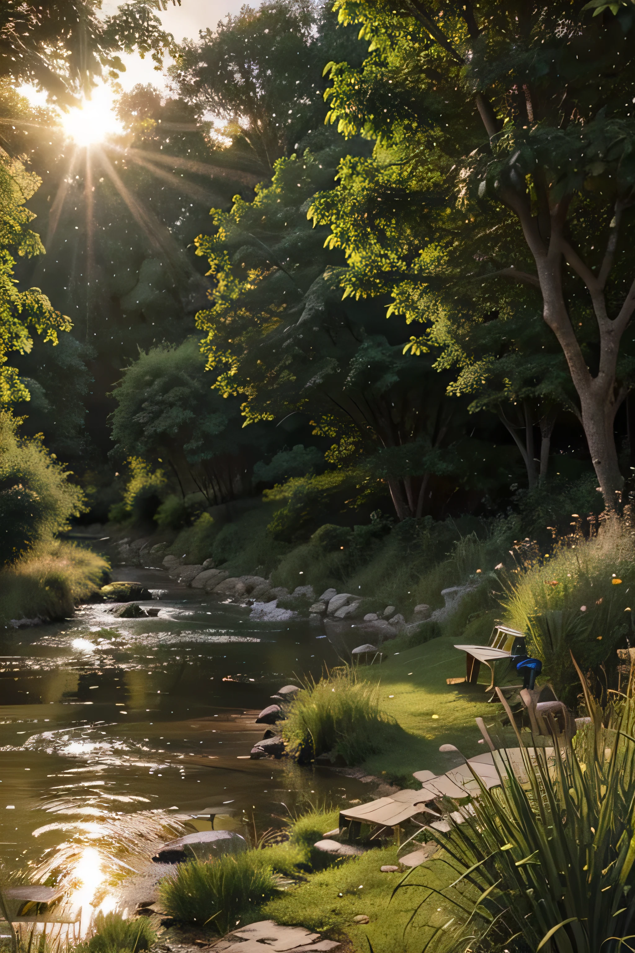 Realistic illustration showing a natural environment with a very narrow stream flowing through a sandy, green sloping area covered with grass and bushes. On both sides of the stream, there are trees of different species, In the distance you can see an urban park with a bike path and some benches to sit on.. at sunset