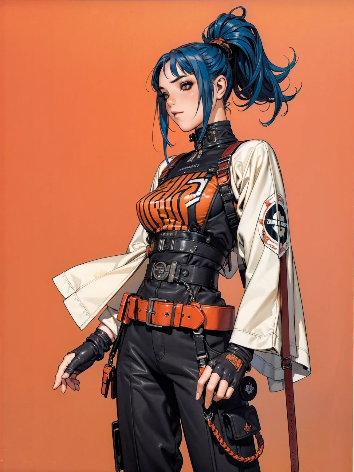 (best qualityer))), (((manga strokes))), (((blue hair with red highlights))), (((baggy pants with bone print))), uma Kizi jovem muito bem vestida com roupas modernas de inverno, pants with military camouflage pattern, top gift vertical stripes, short jacket with dark fur collar, beautiful and expressive face, slightly-smile, big eyes with long black eyelashes, heavy make-up, chains and zippers spread across clothes, contrasting colours, pose de atitude, hair with a modern and futuristic cut, urban game poster art, dramatic camera angles, graffiti art elements in the background, design mixing contemporary and retro by Shepard Fairey, (((cowboy shot))), (((best qualityer: 1.4))), (Unbeatable masterpiece), (hiper HD),(CG 8k hyper-realistic), Kizi, (((standing alone))), pirralha violent, (((14歳))), sexly, pose de atitude, work of art, post-apocalypse, (((manga style))), bounty hunter, violent, Manic, the way you want, slenderbody, thin but strong, perfectbody, roupa moderna, advanced technology, neon, sleeves with vertical striped pattern, neutral background, (( cowboy shot )). intricate visual