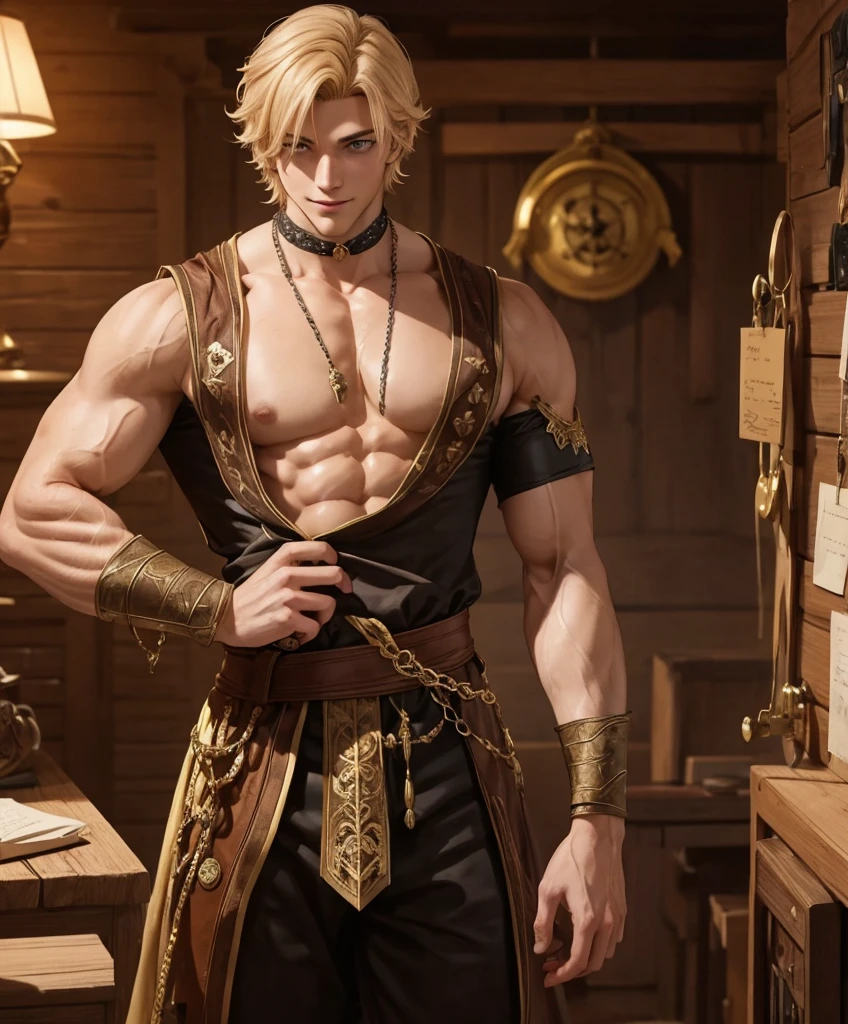 (((Single character image.))) Solo focus. 1boy. y male fantasy character. Nikolai is 22 years old, he has tanned skin, golden hair, shaved on one side and styled on the other, light brown eyes and slightly hooked nose, he has a beautiful face, outlined by the features of a fairy-tale pirate prince;. He is described as extremely charming, handsome and smiling;no shirt,,