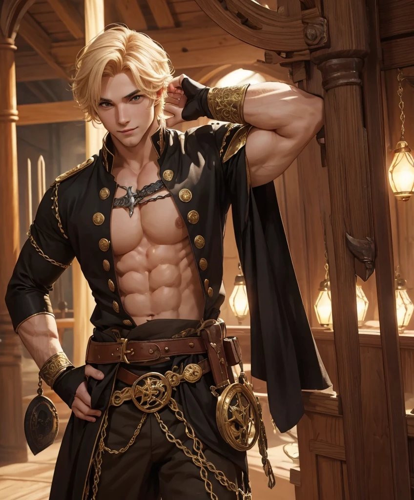 (((Single character image.))) Solo focus. 1boy. Sexy male fantasy character. Nikolai is 22 years old, he has tanned skin, golden hair, shaved on one side and styled on the other, light brown eyes and slightly hooked nose, he has a beautiful face, outlined by the features of a fairy-tale pirate prince;. He is described as extremely charming, handsome and smiling;no shirt,,