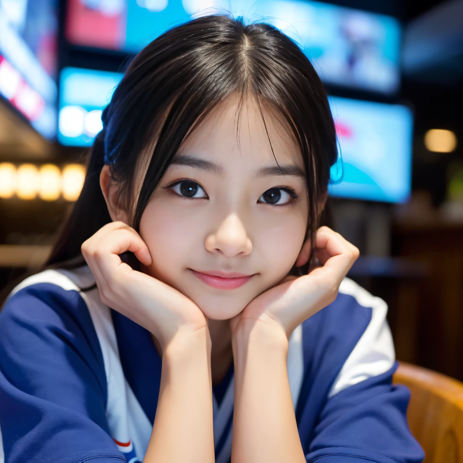 (Best-quality, Masterpiece, Ultra-High-Resolution, (Photorealistic:1.4), Raw Photo, depth of field, professional lighting, perfect anatomy, extremely details), 1girl, 15-years-old, the most famous Japanese idol, (((At pub, wearing blue soccer-uniform, watching soccer on big-monitor))), (extremely cute face like the most popular Japanese idol, (extremely cute and extremely big black-eyes), extremely beautiful black-long-hair, (extremely beautiful and extremely realistic skins), extremely cute long-eyelashes, extremely cute lips), innocent smile