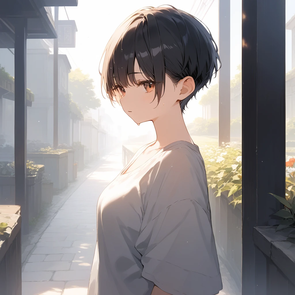 score_9, score_8_up, score_7_up, source_anime, best quality, masterpiece, official art, absurdres, highres, ultra-detailed,waifu2x,Collection: Slice of Life,break,1girl, tomboy, very short hair, pixie cut, breasts, groin, hanme, beautiful detailed eyes, expressionless, sweat, parted lips, sleepily, outdoors, summer, break,(clear line illustration:1.2), super detailed skin,very high resolution, very aesthetic, Best sexual lighting powered by famous artist, 8k,cute picture,beauty illustration,photoshop_(medium),,(Detailed Lighting),best anime 8k konachan wallpaper, pixiv contest winner,