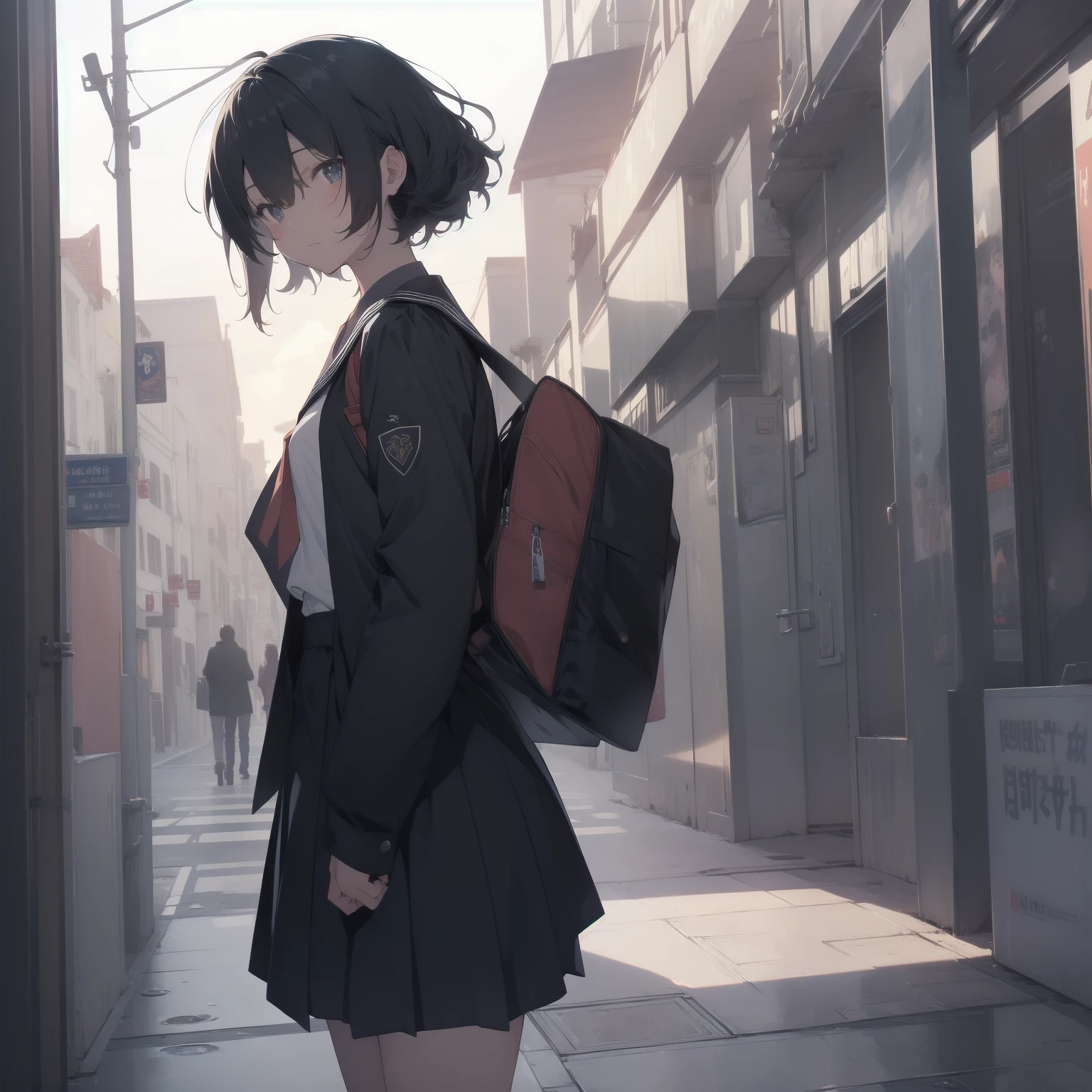 ultra-absurdres-Top quality by artist God, ultra-detailed, high resolution, anime moe artstyle, best anime 8k konachan wallpaper, pixiv contest winner, pool:2810, perfect anatomy,break, 1girl, (Please draw a girl walking sleepily to school alone. )break,(Solo,little female, 13-year-old:1.3),Full limbs, complete fingers,a junior high school student, (very short hair), short cut, flat chest, , small butt, small black eyes, beautiful detailed eyes, well-proportioned iris and pupils, expressive eyes, highres detailed hair, soft expression, salor school_uniform, sailor collar, serahuku, bow, pleated skirt,(Detailed Lighting), (Detailed background), in the School commute route. break,super detailed skin, Best cinematic lighting powered by famous artist, 8k,beauty illustration,photoshop_(medium),very aesthetic,break,((artist:anti_(untea9) )), artist:clamp ,artist:carnelian ,artist:kantoku ,