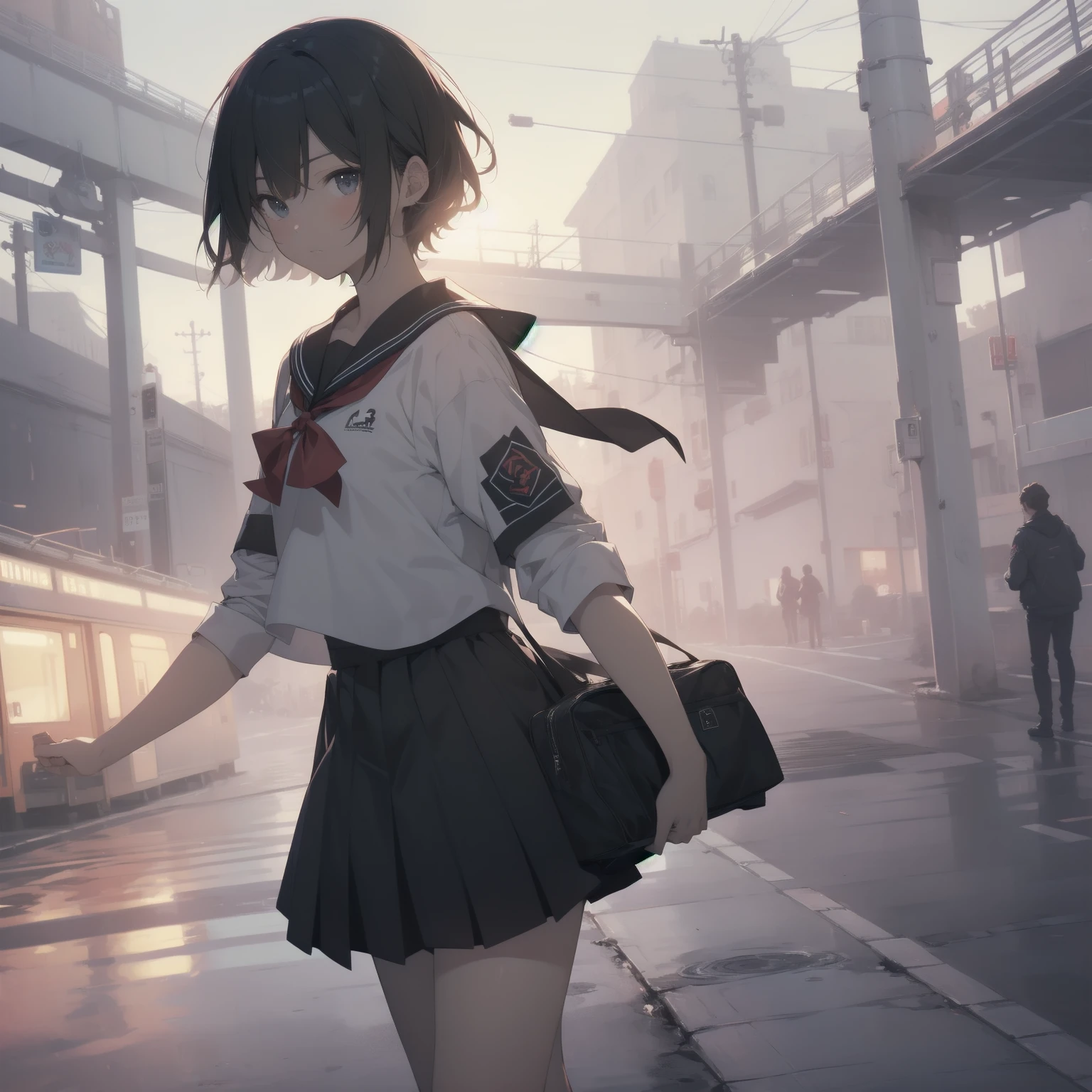 ultra-absurdres-Top quality by artist God, ultra-detailed, high resolution, anime moe artstyle, best anime 8k konachan wallpaper, pixiv contest winner, pool:2810, perfect anatomy,break, 1girl, (Please draw a girl walking sleepily to school alone. )break,(Solo,little female, 13-year-old:1.3),Full limbs, complete fingers,a junior high school student, (very short hair), short cut, flat chest, , small butt, small black eyes, beautiful detailed eyes, well-proportioned iris and pupils, expressive eyes, highres detailed hair, soft expression, salor school_uniform, sailor collar, serahuku, bow, pleated skirt,(Detailed Lighting), (Detailed background), in the School commute route. break,super detailed skin, Best cinematic lighting powered by famous artist, 8k,beauty illustration,photoshop_(medium),very aesthetic,break,((artist:anti_(untea9) )), artist:clamp ,artist:carnelian ,artist:kantoku ,