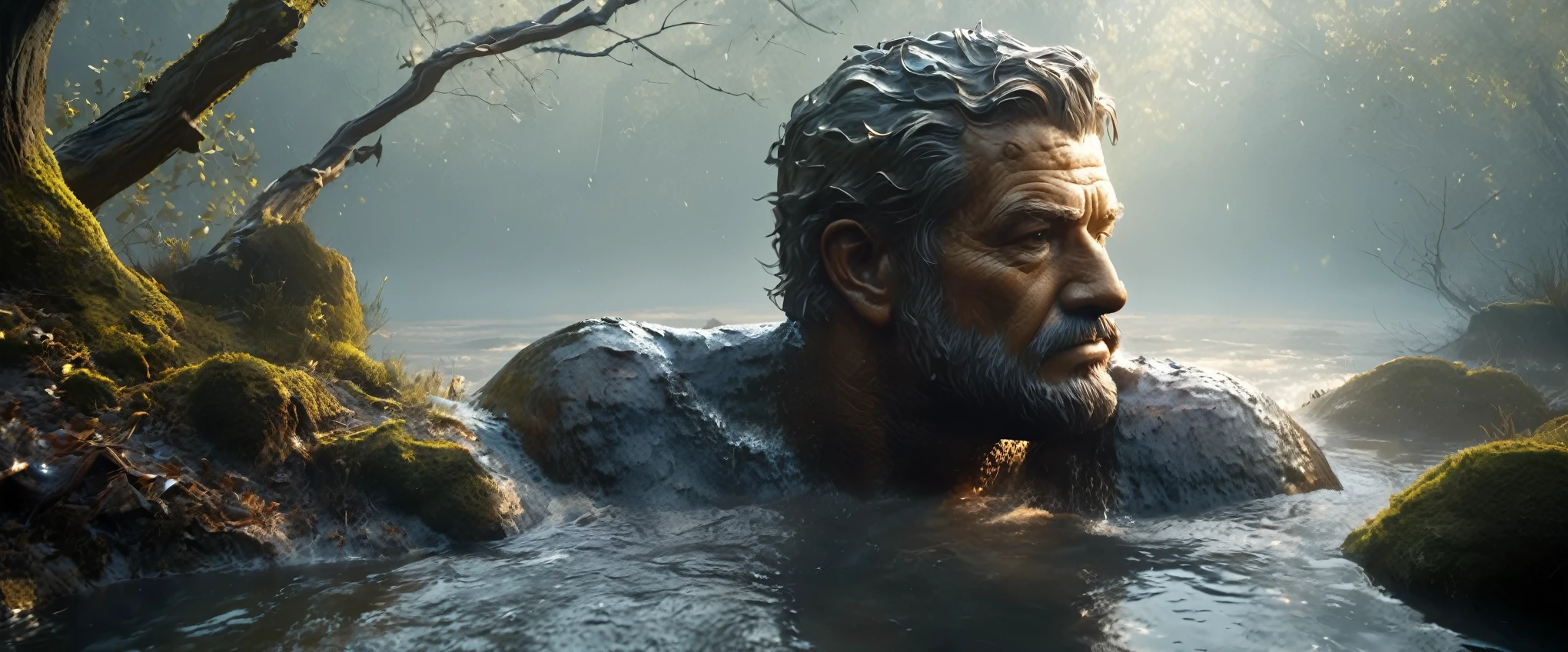 from above, bokeh, UHD, masterpiece, high details, high quality, award winning, best quality, highres, 16k，
(Looking up angle），Big Dumb Object，（Portrait of huge handsome man head sculpture collapsed in water：1.3），Great Wilderness，Dense fog，old，Dead branches，Art style of Philip Hodaatte of the human soul, realism ，BDO works by American digital artist Stuart Lippincott，Use advanced tones and shading，Creates a dazzling and mysterious light，The deep spatial pattern and mysterious atmosphere,Create a sci-fi mechanical god realm,Highlighting the insignificance of human beings，and fear of the unknown，minimalist art，fantasy，Surrealism，