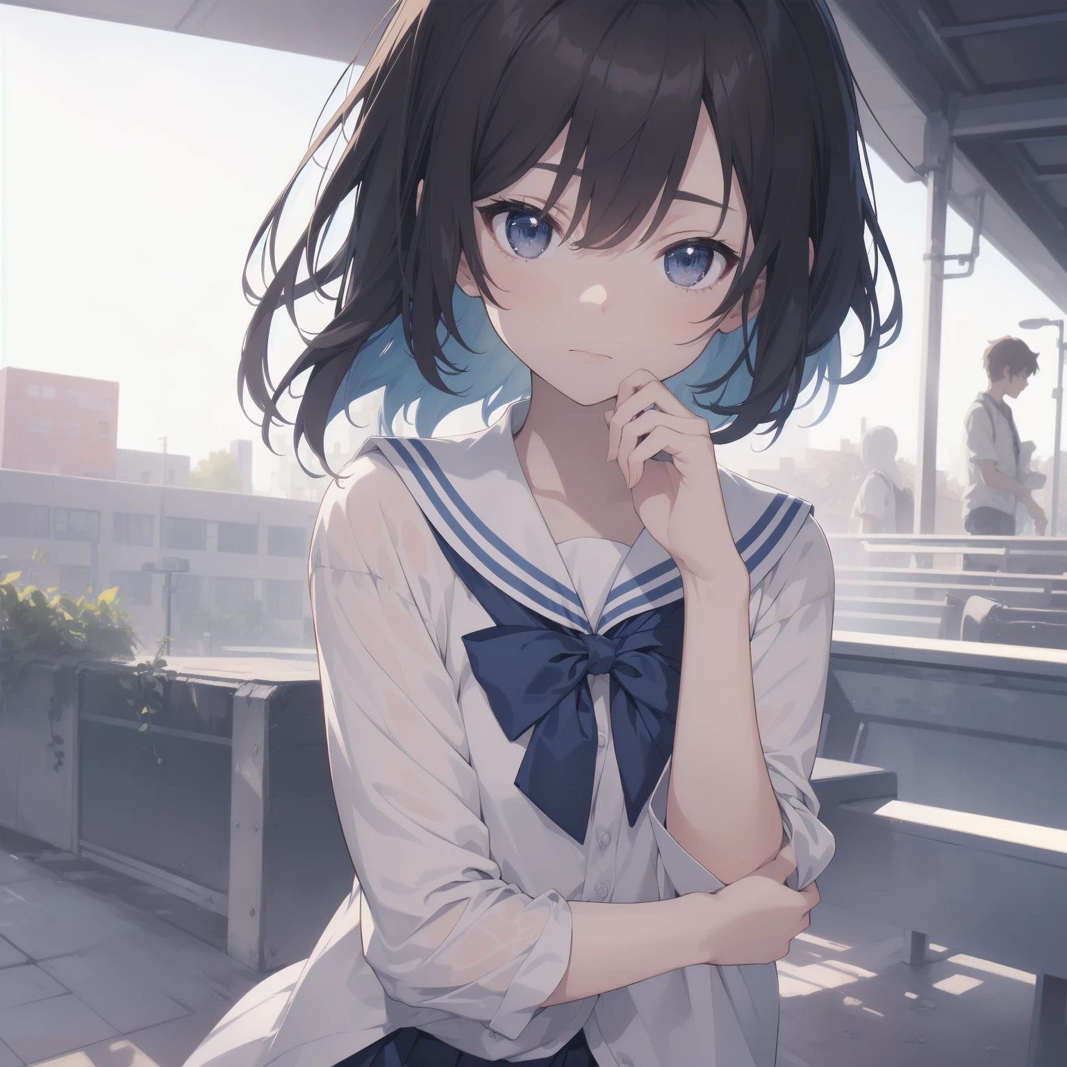 ultra-absurdres-Top quality by artist God, ultra-detailed, high resolution, anime moe artstyle, best anime 8k konachan wallpaper, pixiv contest winner, pool:2810, perfect anatomy,break, 1girl, (Please draw a girl walking sleepily to school alone. )break,(Solo,little female, 13-year-old:1.3),Full limbs, complete fingers,a junior high school student, (very short hair), short cut, flat chest, , small butt, small black eyes, beautiful detailed eyes, well-proportioned iris and pupils, expressive eyes, highres detailed hair, soft expression, salor school_uniform, sailor collar, serahuku, bow, pleated skirt,(Detailed Lighting), (Detailed background), in the School commute route. break,super detailed skin, Best cinematic lighting powered by famous artist, 8k,beauty illustration,photoshop_(medium),very aesthetic,break,((artist:anti_(untea9) )), artist:clamp ,artist:carnelian ,artist:kantoku ,