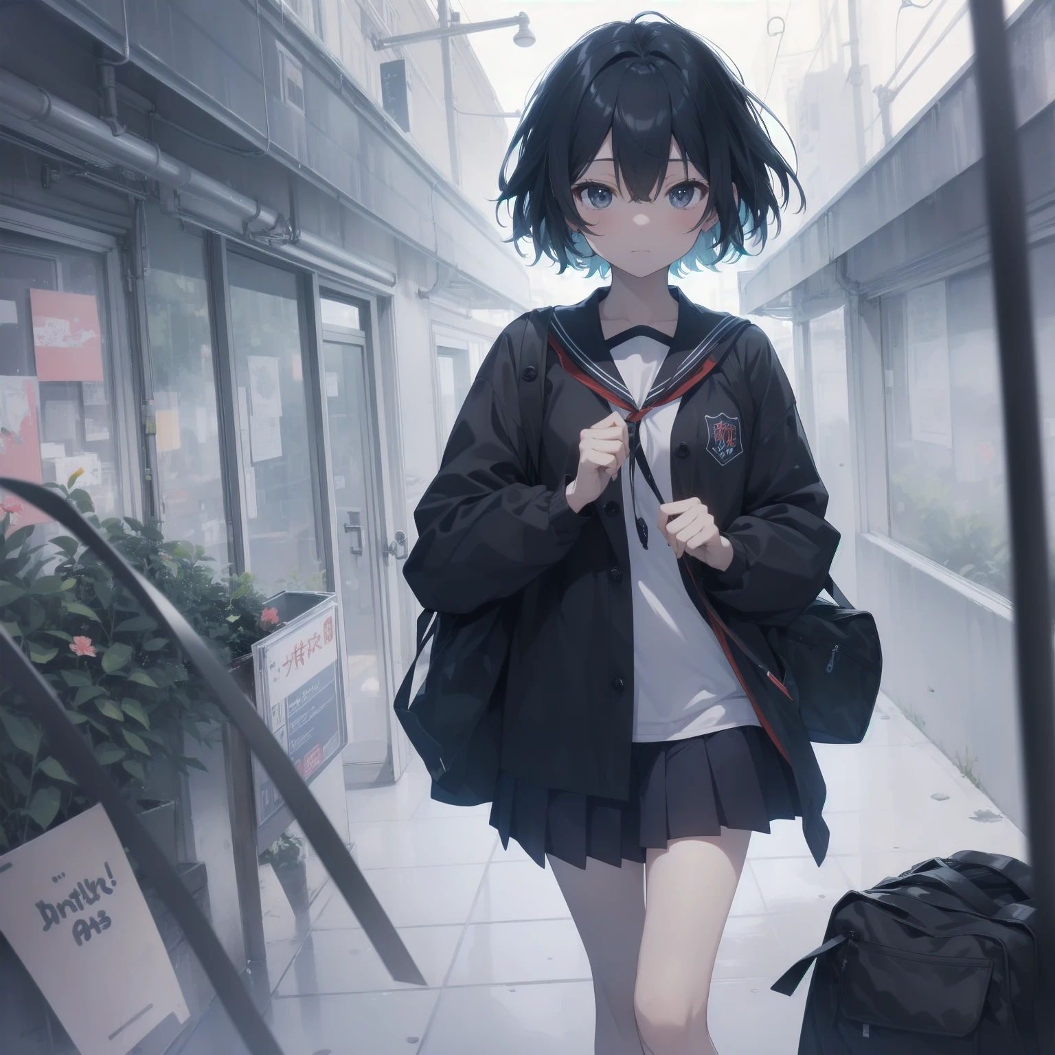 ultra-absurdres-Top quality by artist God, ultra-detailed, high resolution, anime moe artstyle, best anime 8k konachan wallpaper, pixiv contest winner, pool:2810, perfect anatomy,break, 1girl, (Please draw a girl walking sleepily to school alone. )break,(Solo,little female, 13-year-old:1.3),Full limbs, complete fingers,a junior high school student, (very short hair), short cut, flat chest, , small butt, small black eyes, beautiful detailed eyes, well-proportioned iris and pupils, expressive eyes, highres detailed hair, soft expression, salor school_uniform, sailor collar, serahuku, bow, pleated skirt,(Detailed Lighting), (Detailed background), in the School commute route. break,super detailed skin, Best cinematic lighting powered by famous artist, 8k,beauty illustration,photoshop_(medium),very aesthetic,break,((artist:anti_(untea9) )), artist:clamp ,artist:carnelian ,artist:kantoku ,