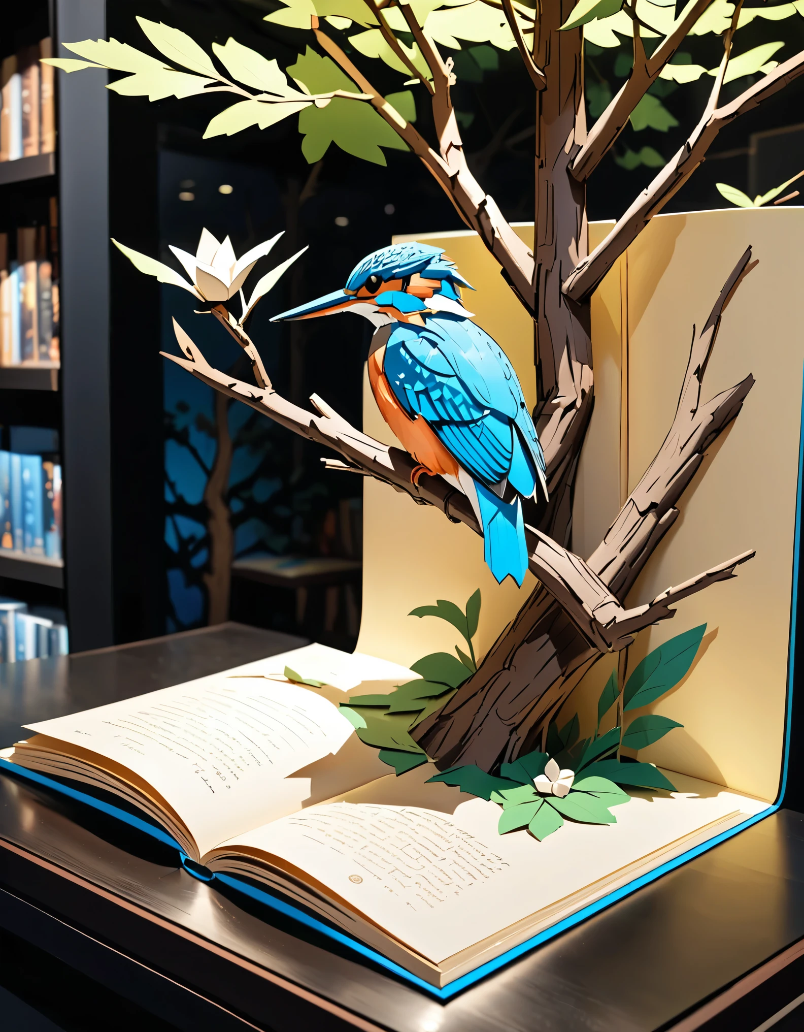(masterpiece:1.2, Highest quality,Highest quality,Super detailed),(Very detailed),8k(A pop-up book with a kingfisher perched on a tree branch:1.5),(Cinema Lighting),(Written boundary depth),(Sophisticated lighting:1.2),(Chiaroscuro),(Origami art),This hop-up is on display in a bookstore