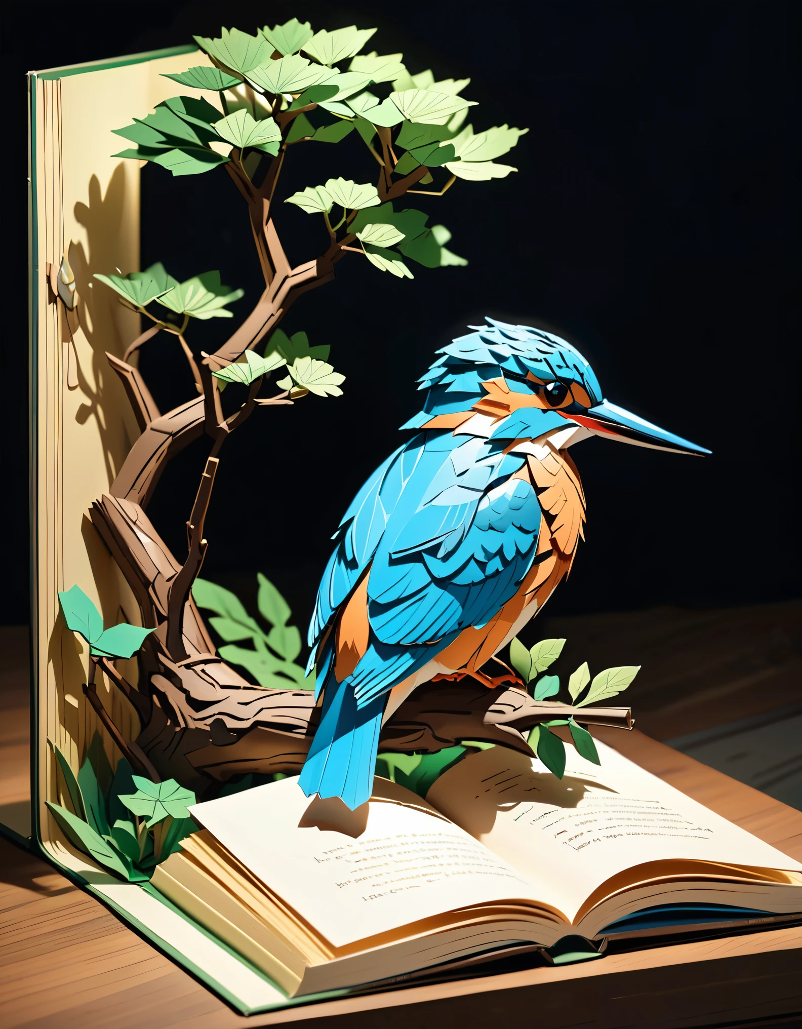 (masterpiece:1.2, Highest quality,Highest quality,Super detailed),(Very detailed),8k(A pop-up book with a kingfisher perched on a tree branch:1.5),(Cinema Lighting),(Written boundary depth),(Sophisticated lighting:1.2),(Chiaroscuro),(Origami art),This hop-up is on display in a bookstore