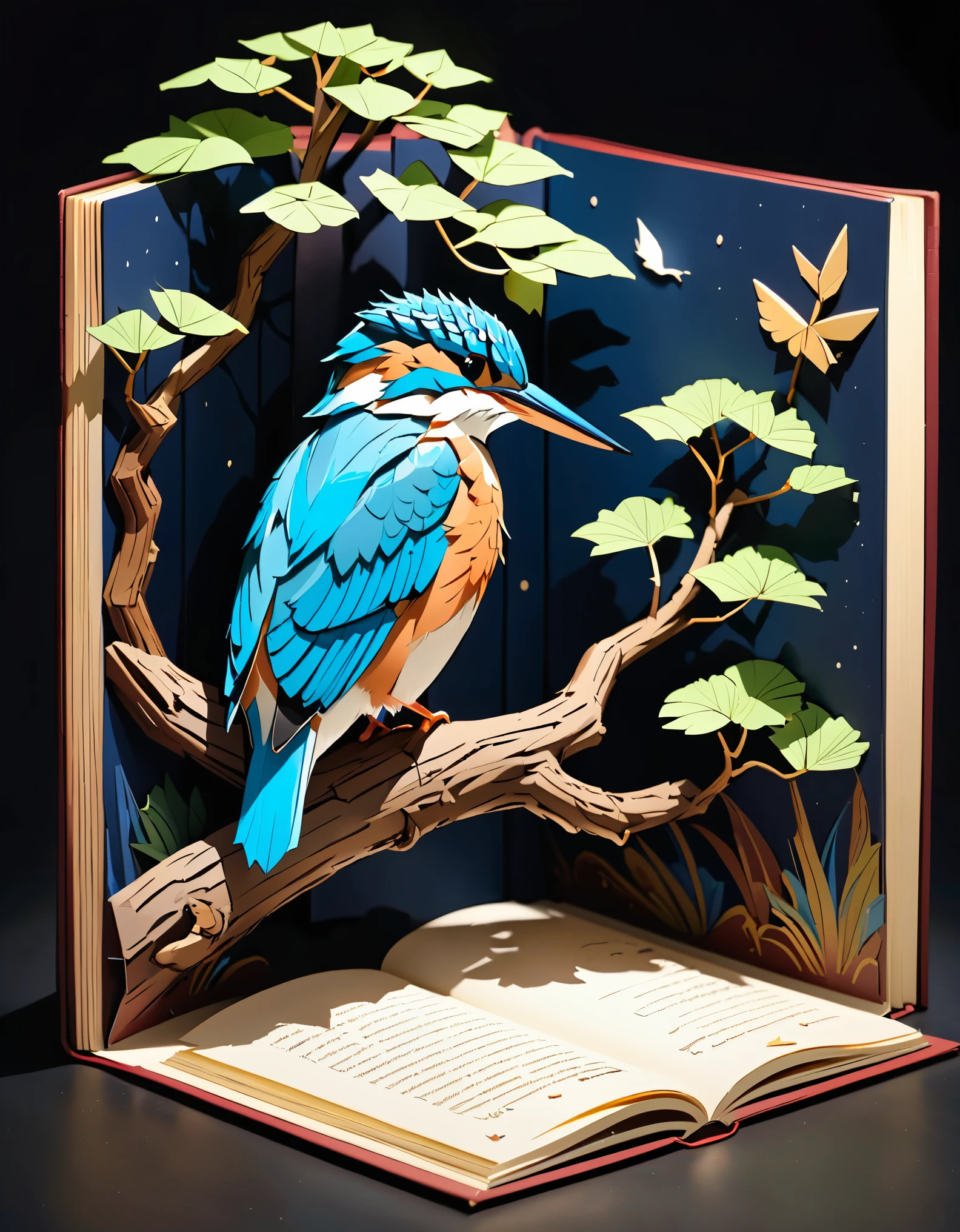 (masterpiece:1.2, Highest quality,Highest quality,Super detailed),(Very detailed),8k(A pop-up book with a kingfisher perched on a tree branch:1.5),(Cinema Lighting),(Written boundary depth),(Sophisticated lighting:1.2),(Chiaroscuro),(Origami art),This hop-up is on display in a bookstore