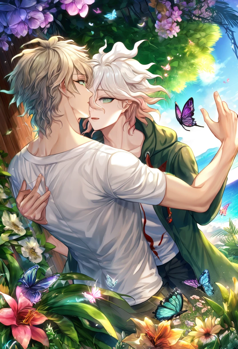 Ultra detailed, HDR, Highres, absurdres, master piece, Aiden, ash blonde hair, expressive green eyes, Komaeda Nagito, white hair, expressive green-gray eyes, green coat with hoodie, white shirt, Danganronpa 2, flowers, butterflies, fantasy, magical, green leaves, summer, handsome, two sexy man together, gay couple, yaoi, love, sensual, island