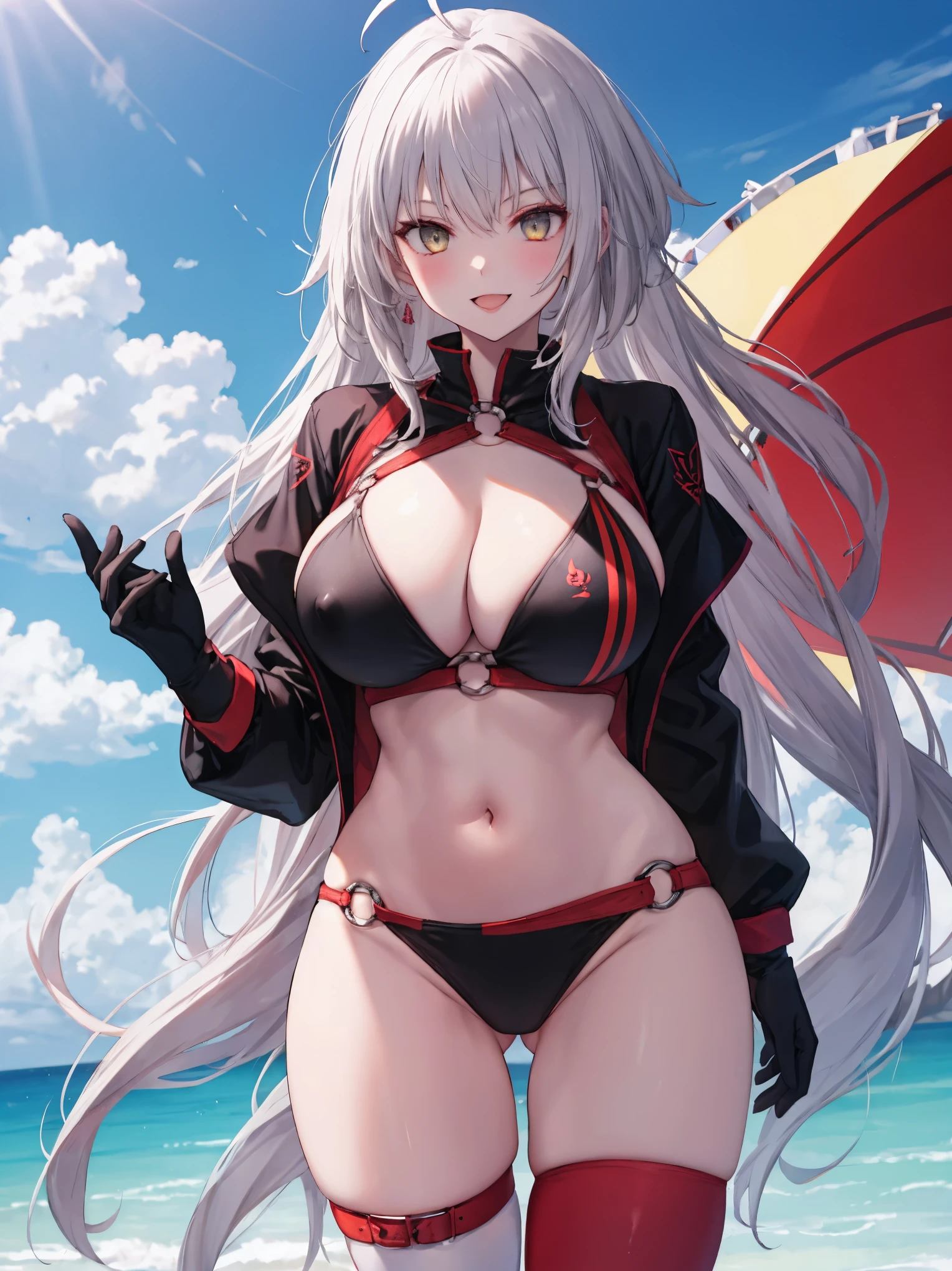 masterpiece, best quality, 1girl, , silver hair, ahoge, gold_ eyes, shaggy_long_hair,, gigantic_breasts, , blue sky_beach_landscape,covered_groin,covered_nipples,solo,young_,,open_legs,,crotch_armor,cowboy_shot,crotch, asymmetrical legwear, long hair, bikini, black bikini, black gloves, gloves, long sleeves, navel, o-ring, o-ring bikini, o-ring bottom, o-ring top, puffy long sleeves, puffy sleeves, red legwear, single thighhigh, swimsuit, thigh strap, thighhighs, uneven legwear,smile,nihil,open_mouth,angry,glare