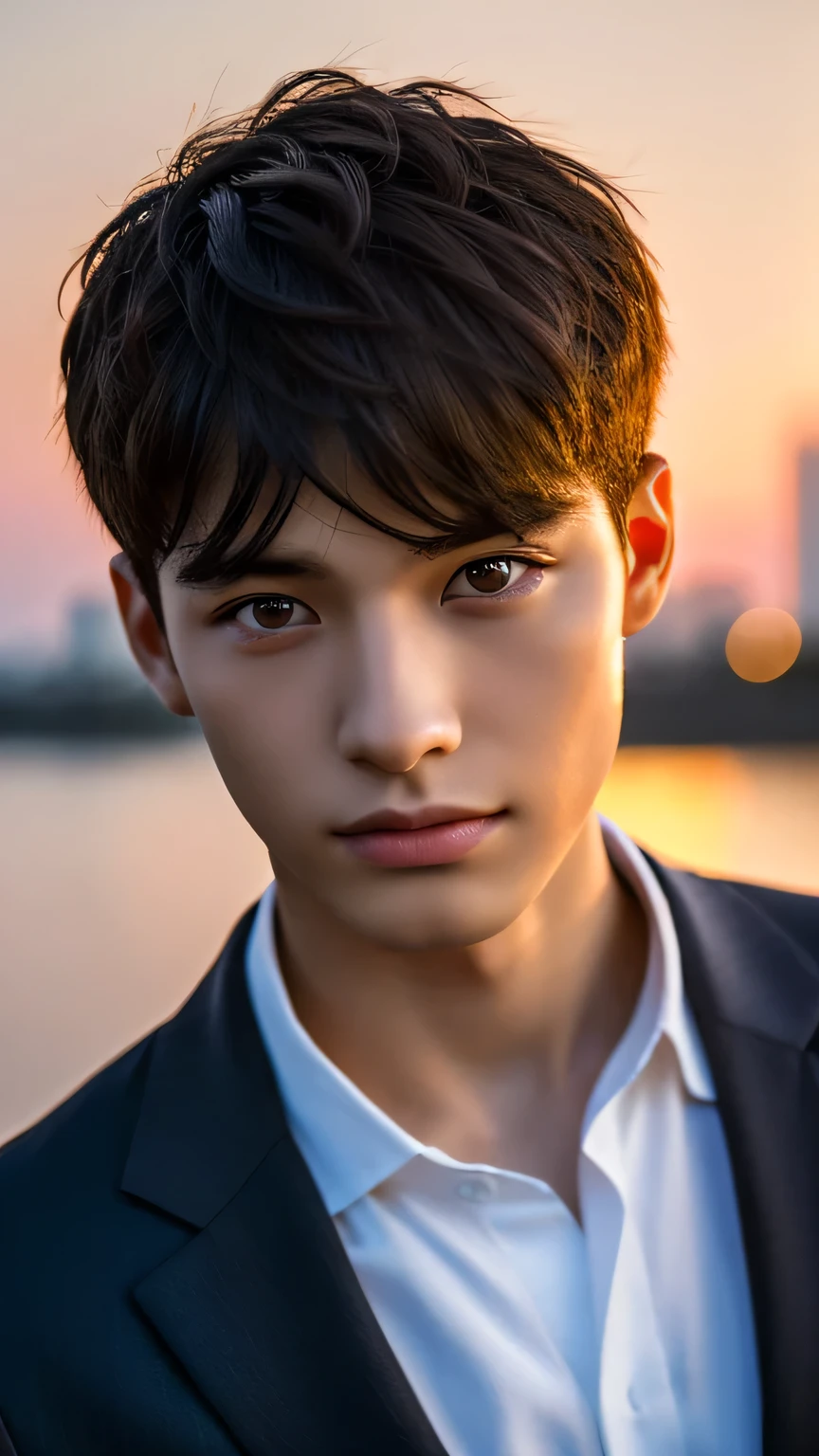 Highest quality, masterpiece, Ultra-high resolution, (Realistic: 1.4), Original photo, wallpaper, Head Photo, skin, Simple Background, Iris, detailed, Selfie, 1 boy, 18-year-old, good looking, Wind,suit、Sunset