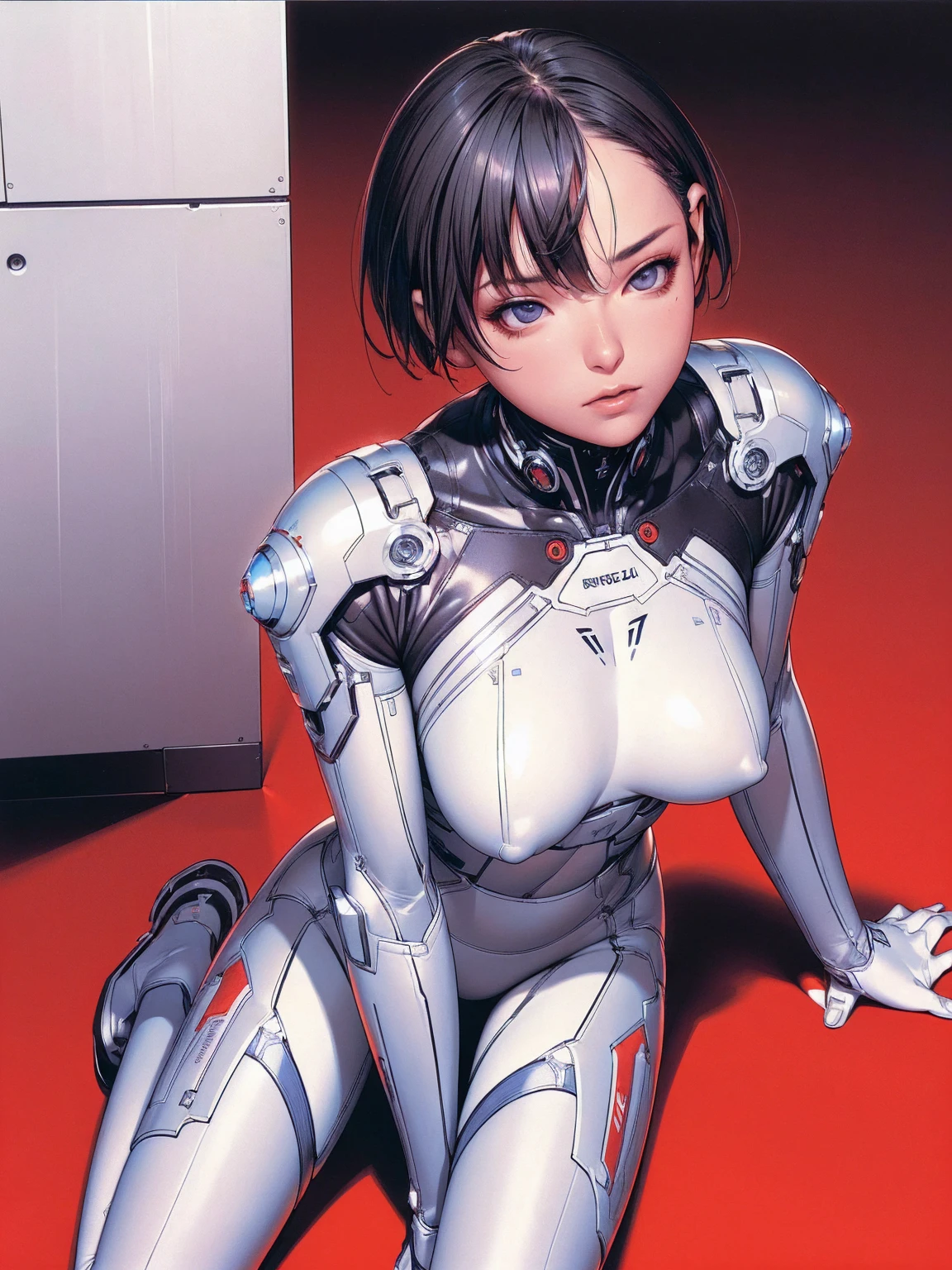 (((Woman))), (((best qualityer))), (((masterpiece))), (((Gynoid))), (((1 girl))), (((metal skin))), (((hezagonal carbon suit)), (((1 girl))), A futuristic gynoid game girl with high-tech exoskeleton and complex appearance, 18 year old woman with perfect body, clean face, ((( tight blue, red and white clothes in metallic colors ))), (((black look with red and white checkered print ))), Quase nova no estilo selvagem urbano de Hajime sorayama para a capa da revista Heavy Metal, Spectacular futuristic graphics, Minimal clothing, (((metallic black body))), (((from the knee up))), ((( short hair cuts ))), a spaceport in the background, (((self-contrast of the character with the background))), two tone lighting, film grain, Cyber world, Acrylic Comix, sorayama