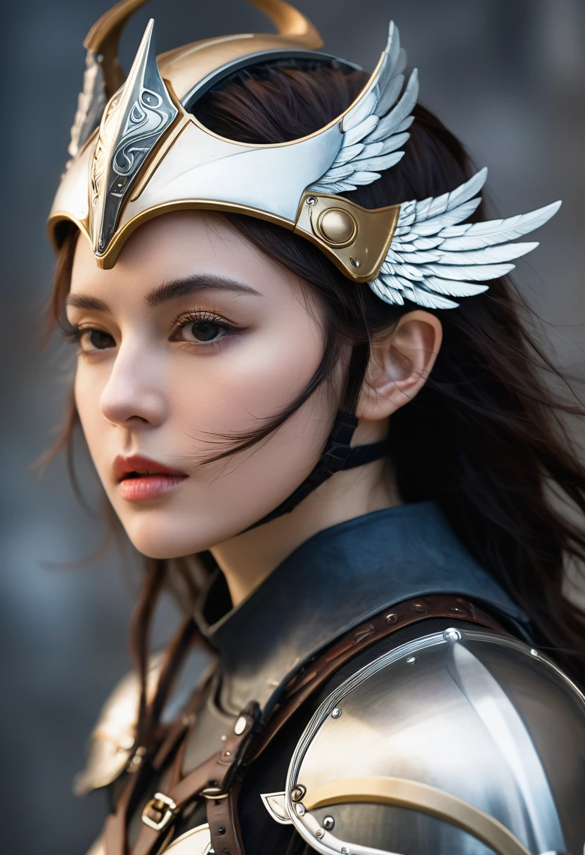 (l1vvydunne:.95), Top view of a young and beautiful Valkyrie woman，Style similar to Stefan Kostic, Realistic skin texture,(Winged Helmet:1.1), (Valkyrie armor:1.2), 1 / 2 Body cutting, 8 5mm art lens, 1. 2, Clear focus, 8K HD, Extremely detailed, complex, elegant, Art work：Stanley Lau and artgerm