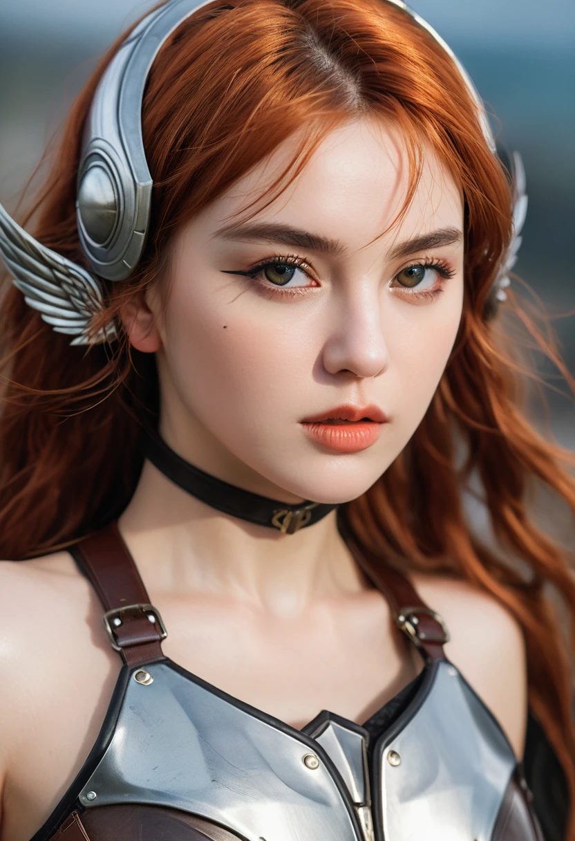 (l1vvydunne:.95), Top view of a young and beautiful Valkyrie woman，Style similar to Stefan Kostic, Realistic skin texture,(Winged Helmet:1.1), (Valkyrie armor:1.2), 1 / 2 Body cutting, 8 5mm art lens, 1. 2, Clear focus, 8K HD, Extremely detailed, complex, elegant, Art work：Stanley Lau and artgerm