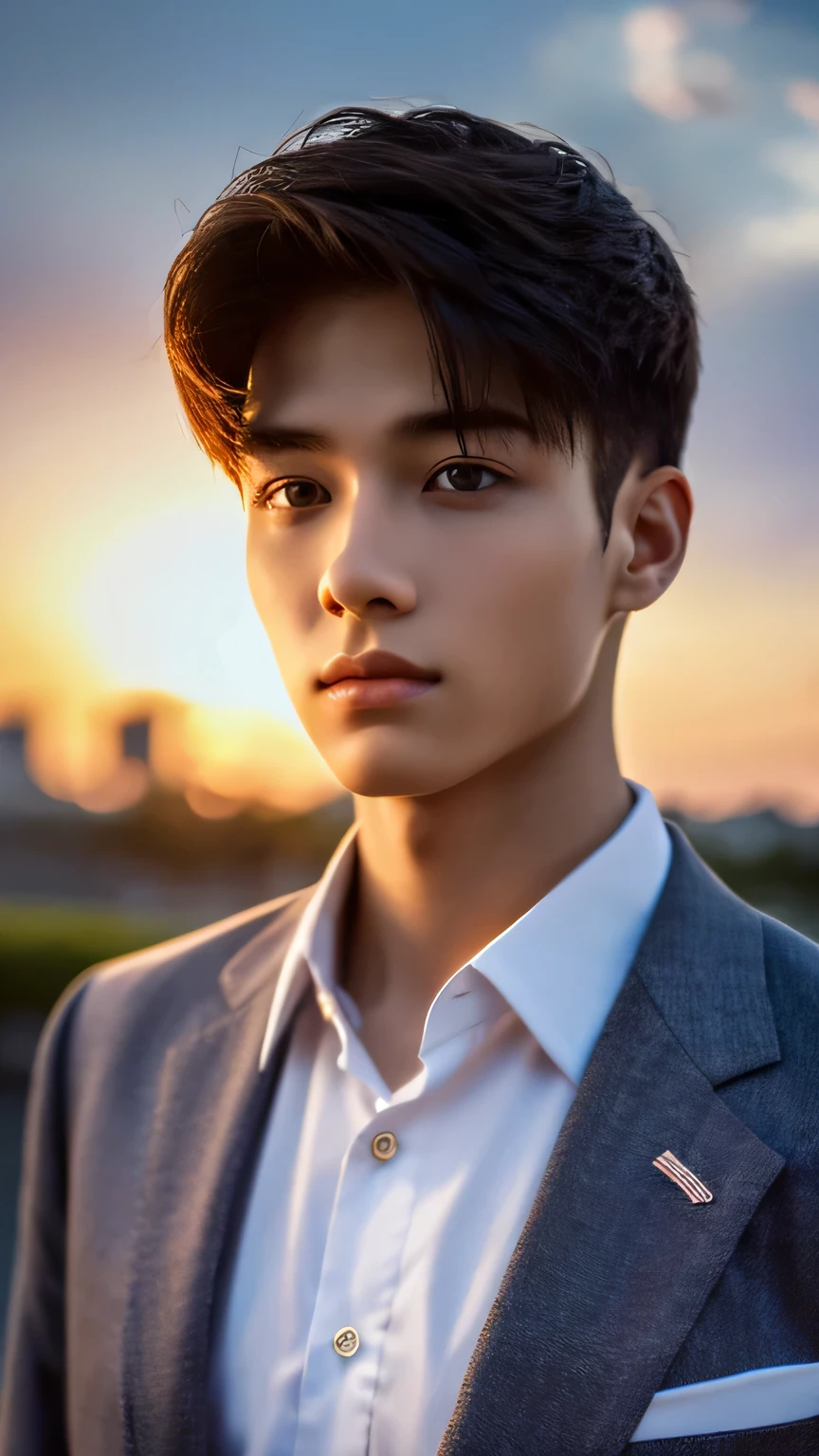 Highest quality, masterpiece, Ultra-high resolution, (Realistic: 1.4), Original photo, wallpaper, Head Photo, skin, Simple Background, Iris, detailed, Selfie, 1 boy, 18-year-old, good looking, Wind,suit、Sunset
