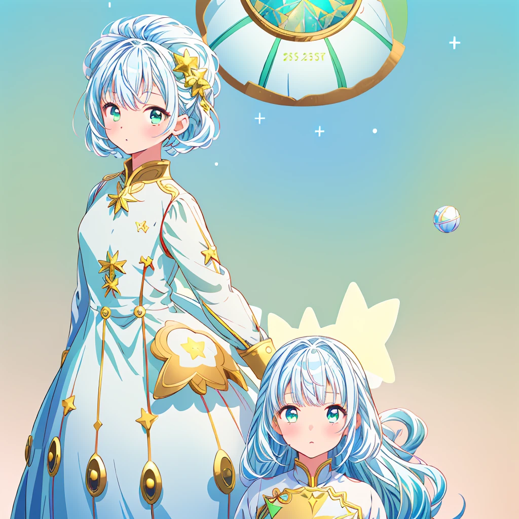 One girl、Star Fairy、Star incarnation、Character Design Front View、A painting facing the viewer、(((Very detailed、Highest quality、masterpiece、The best dynamic composition、Golden Ratio)))、Unique and cute hairstyle、Milky white and blue hair color、Simple Green Background、VTuber - whole body,Ulan Tunic