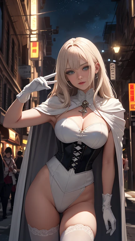 (high quality, masterpiece, detailed), night city detailed scenario, night city detailed background, Solitary, 1 female, White opera gloves, White leather corset, diaphragm, White cape, belt, beautiful eyes, Look at the audience, Sexy pose