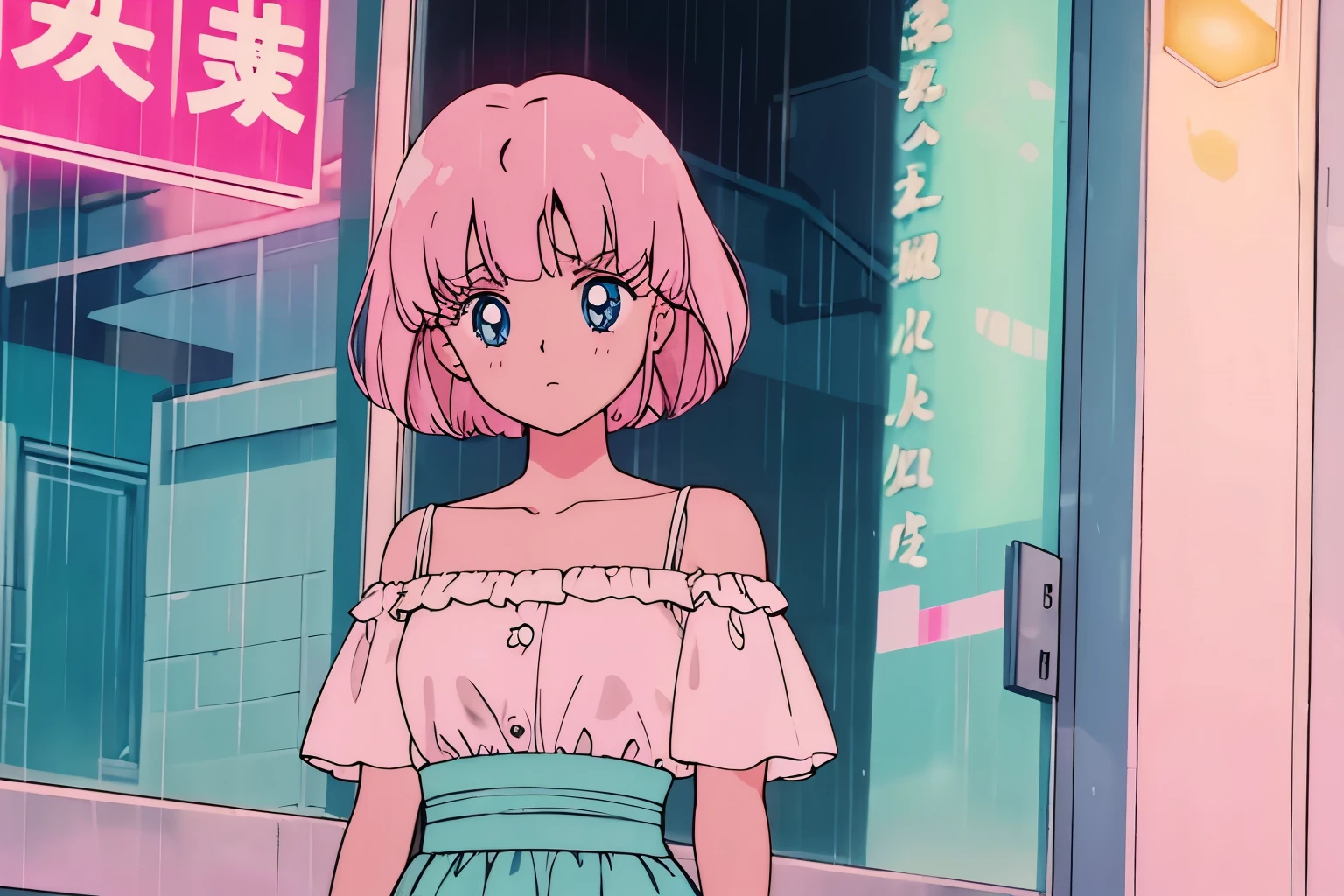 Highest quality,,girl,cute,Short Bob Hair,Pink Hair,Light blue eyes,Off-the-shoulder dress,rain,night,Looking out the window,rainのビル街,