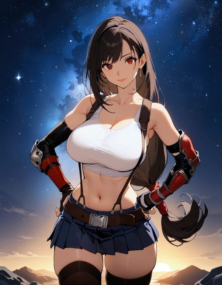 , masterpiece, best quality, recent, perfect anatomy, very aesthetic,highres,, mediumshot,Solo,1girl, tifa lockhart, final fantasy,black hair, low-tied long hair, red eyes, bangs, (white tank top,gap),(High exposure),the ribs,lips,,(belt, pleated skirt, thighhighs, elbow fingerless gloves, elbow pads, midriff, navel,suspenders.skirt),beautiful waist ,(large_breast:1.3),light smile,,,outdoor,star sky,night, hands on own hip,skin tight, side view,looking at viewer, depth of field、beautifully lit,great lighting