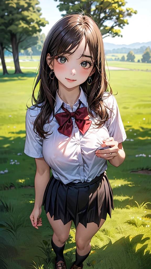 (masterpiece:1.2, top-quality), (realistic, photorealistic:1.4), beautiful illustration, (natural side lighting, movie lighting), 
looking at viewer, cowboy shot, front view:0.6, 1 girl, japanese, high school girl, perfect face, cute and symmetrical face, shiny skin, 
(long hair:1.8, straight hair:1.7, light brown hair), parted bangs, emerald green eyes, long eye lasher, (large breasts:0.9, thick thighs), 
beautiful hair, beautiful face, beautiful detailed eyes, beautiful clavicle, beautiful body, beautiful chest, beautiful thigh, beautiful legs, beautiful fingers, 
((, white collared shirts, black pleated mini skirt, black socks, brown loafers, red bow tie)), break, hoop ring earrings, pink panties, dark blue violet In the grass of a meadow, a girl stands, slightly, legs open. Complete body. Complete hands and legs.

Her face, bright red, flush and shy.
Big breasts, nipples standing up, you can see them even through the top of her shirt. （The skirt is shorter than normal, but even shorter, so short that you can almost see her panties.)The girl has brown hair.

（The skirt is very short.)

(The skirt is very short).