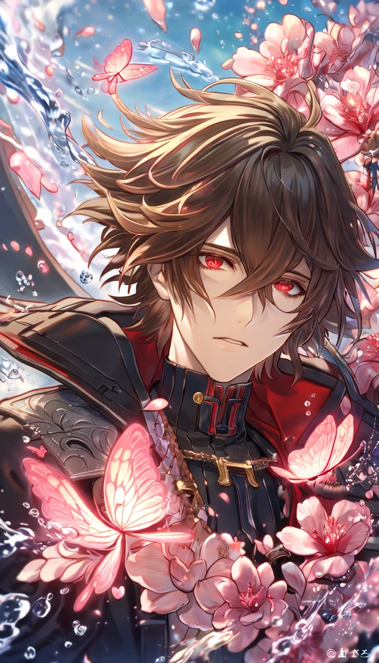 absurdres, highres, ultra detailed, HDR, master piece, best quality, extremely detailed face, delicated features, Vincent Rain, brown hair, messy hair, short hair, hair that has bangs hanging on the left side, hair between the eyes, expressive red eyes, God Eater 2, solo, sexy man, handsome, black coat, with silver accents, black tight shirt, water, blossoms, pink flowers, pink butterflies, fantasy, magic, radiant