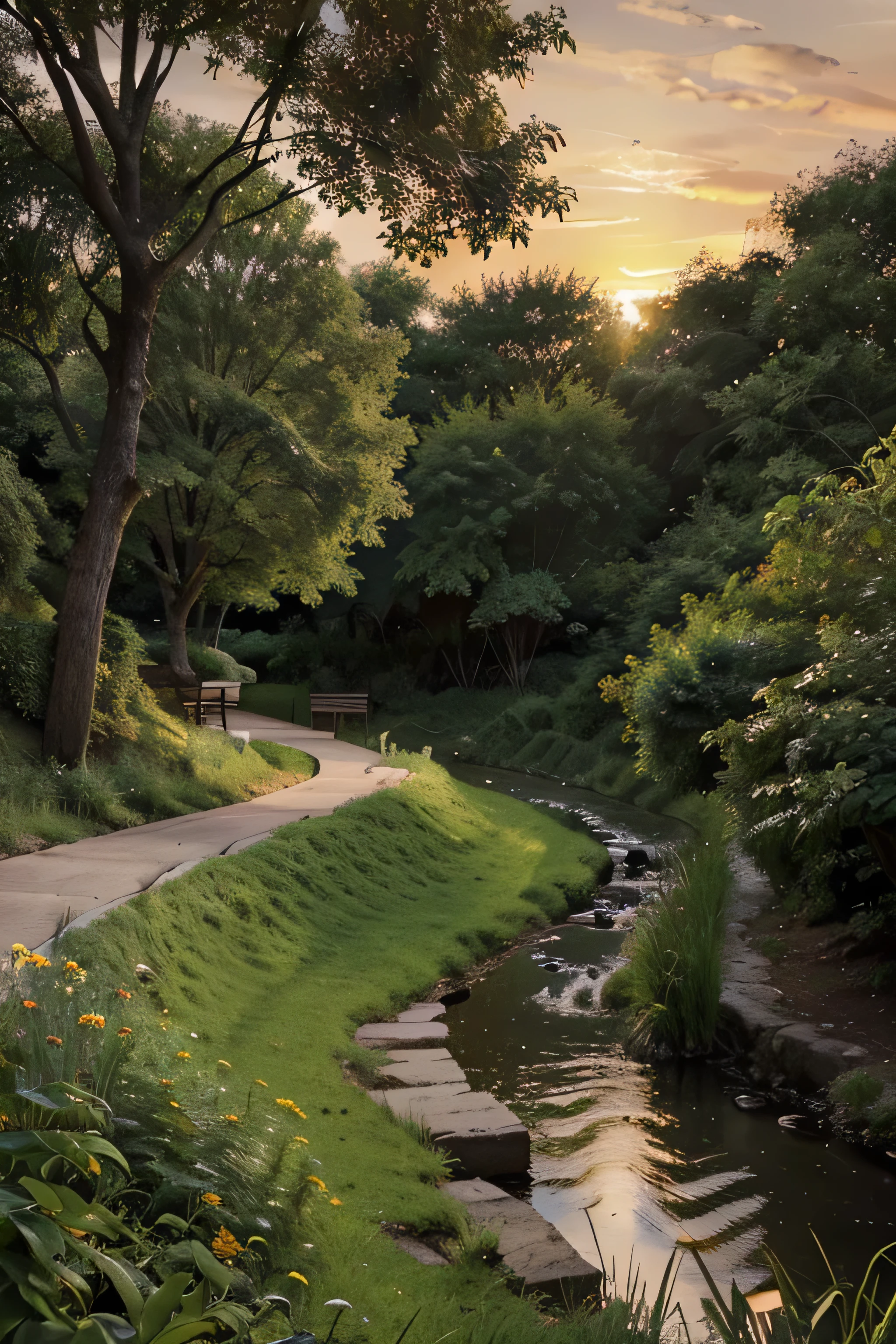 Illustration showing a natural environment with a very narrow stream flowing through a sandy, green sloping area covered with grass and bushes. On both sides of the stream, there are trees of different species, and you can see a secluded park with a bike path and some benches to sit on.. at sunset