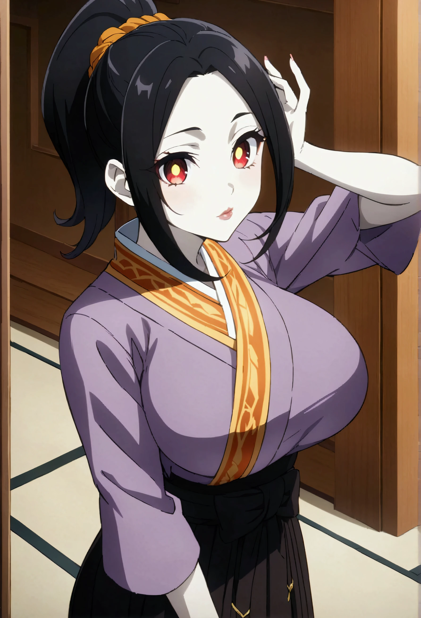 beautiful detailed eyes, beautiful detailed lips, extremely detailed eyes and face, long eyelashes, 1 girl, anime, anime style, anime girl, big breasts, tall black hair,pale skin tall ponytail, orange highlights, 6 red eyes, kanji, yellow pupils, wearing purple kimono with black hakama in kimitsu no yaiba style, masterpiece, best quality,
